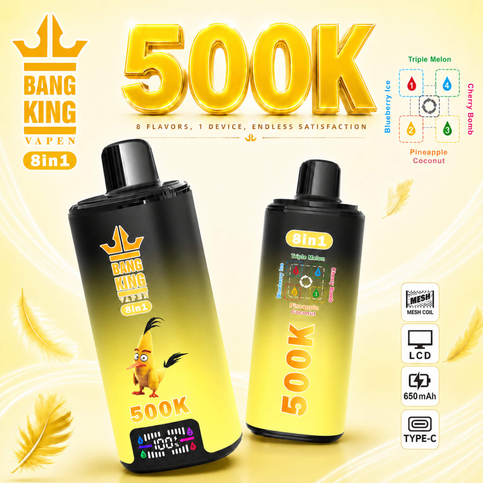 Promotional Graphic For Bang King 8-In-1 Vape With Two Black-And-Yellow Devices And A 500K Claim