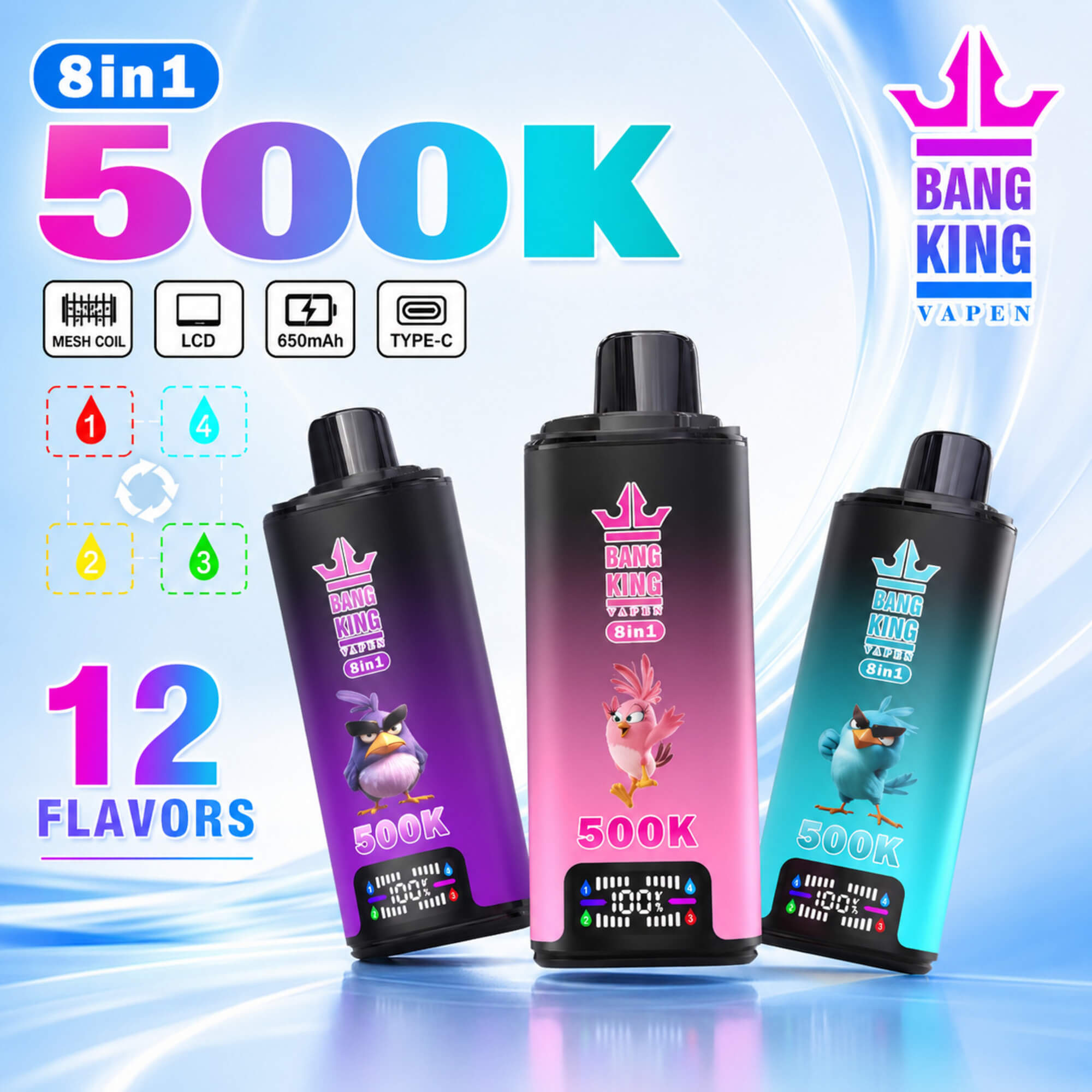 Promotional Graphic For Bang King Vapen 8-In-1 500K Vape With 12 Flavors, Features Icons, And Three Colorful Devices With Lcd Displays