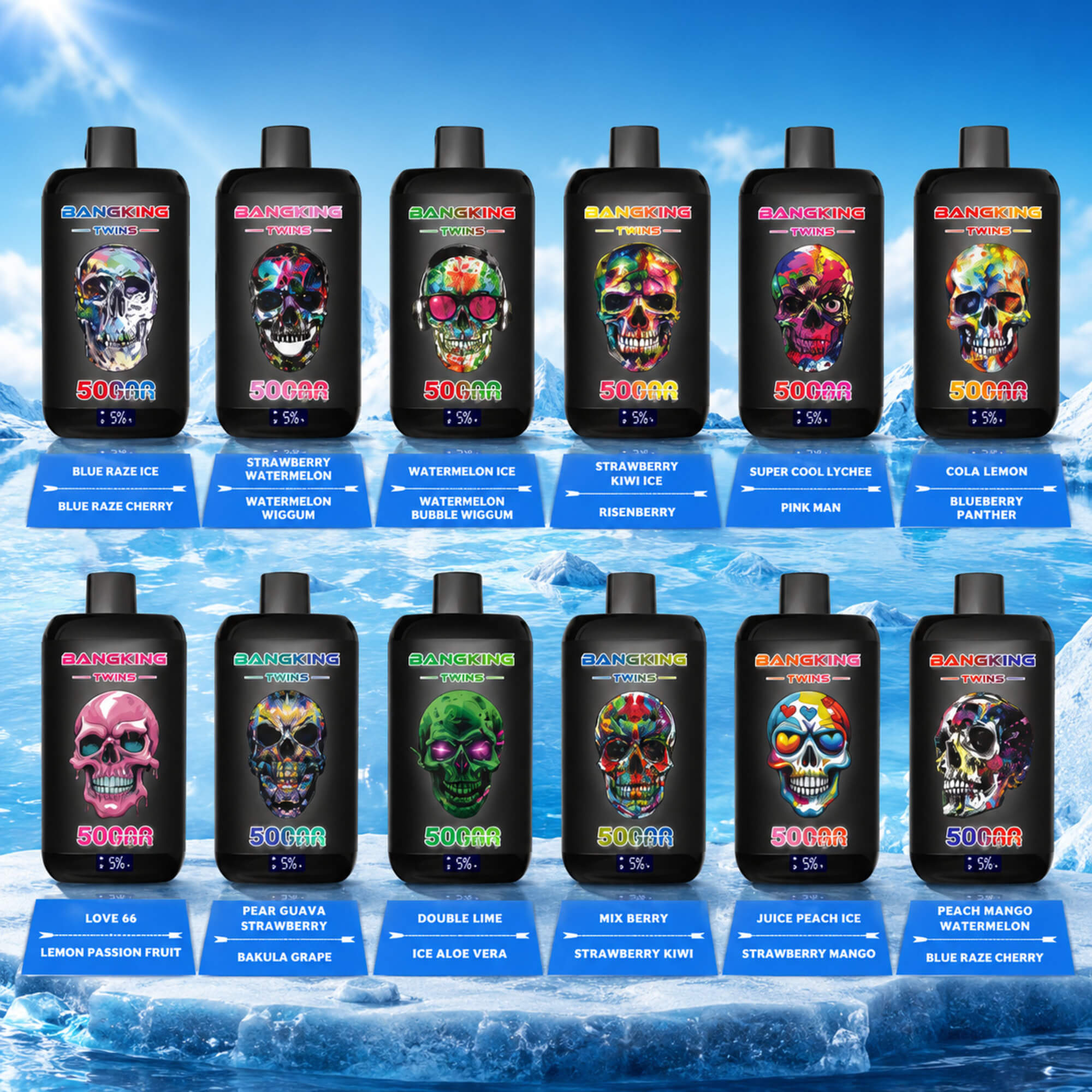Grid Of Bangking Twins Vape Bottles With Colorful Skull Graphics And Flavor Labels On An Icy Blue Background