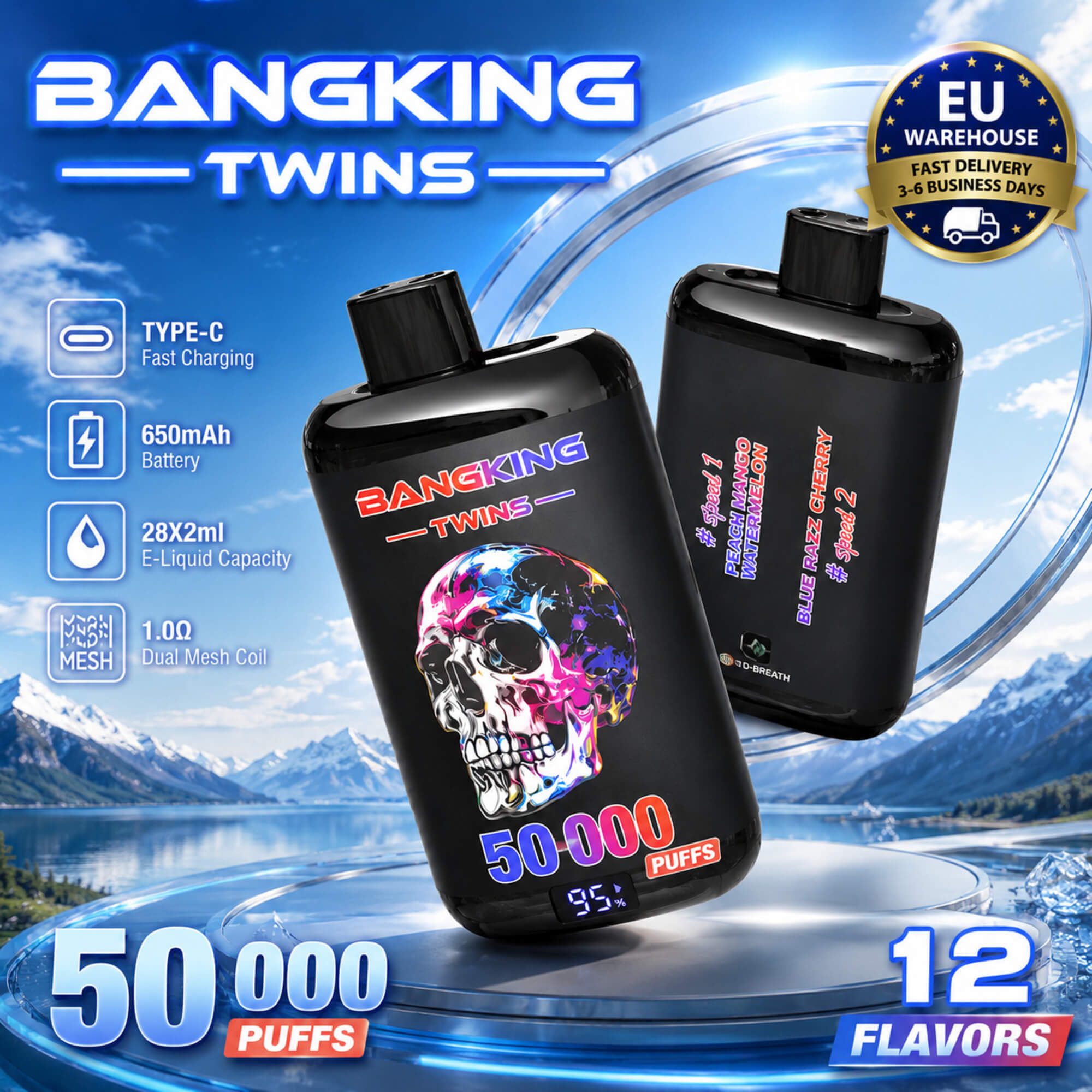 Promotional Graphic For Bang King Twins 50K Disposable Vapes With Two Black Devices, 50,000 Puffs, And 12 Flavors