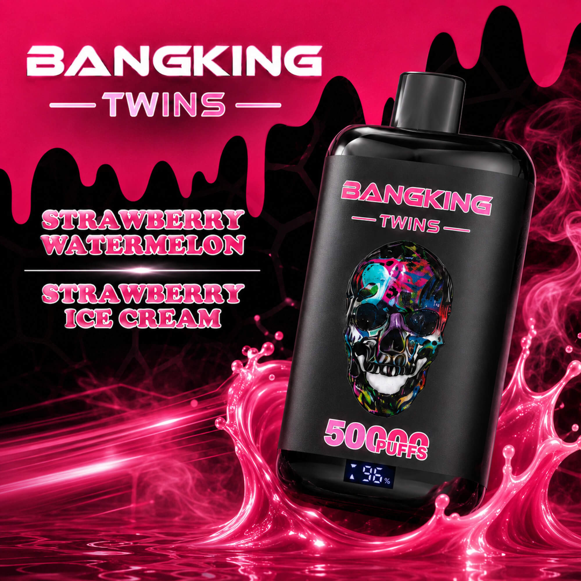 Promotional Graphic For Bangking Twins Vape With Strawberry Watermelon And Strawberry Ice Cream Flavors, 5000 Puffs