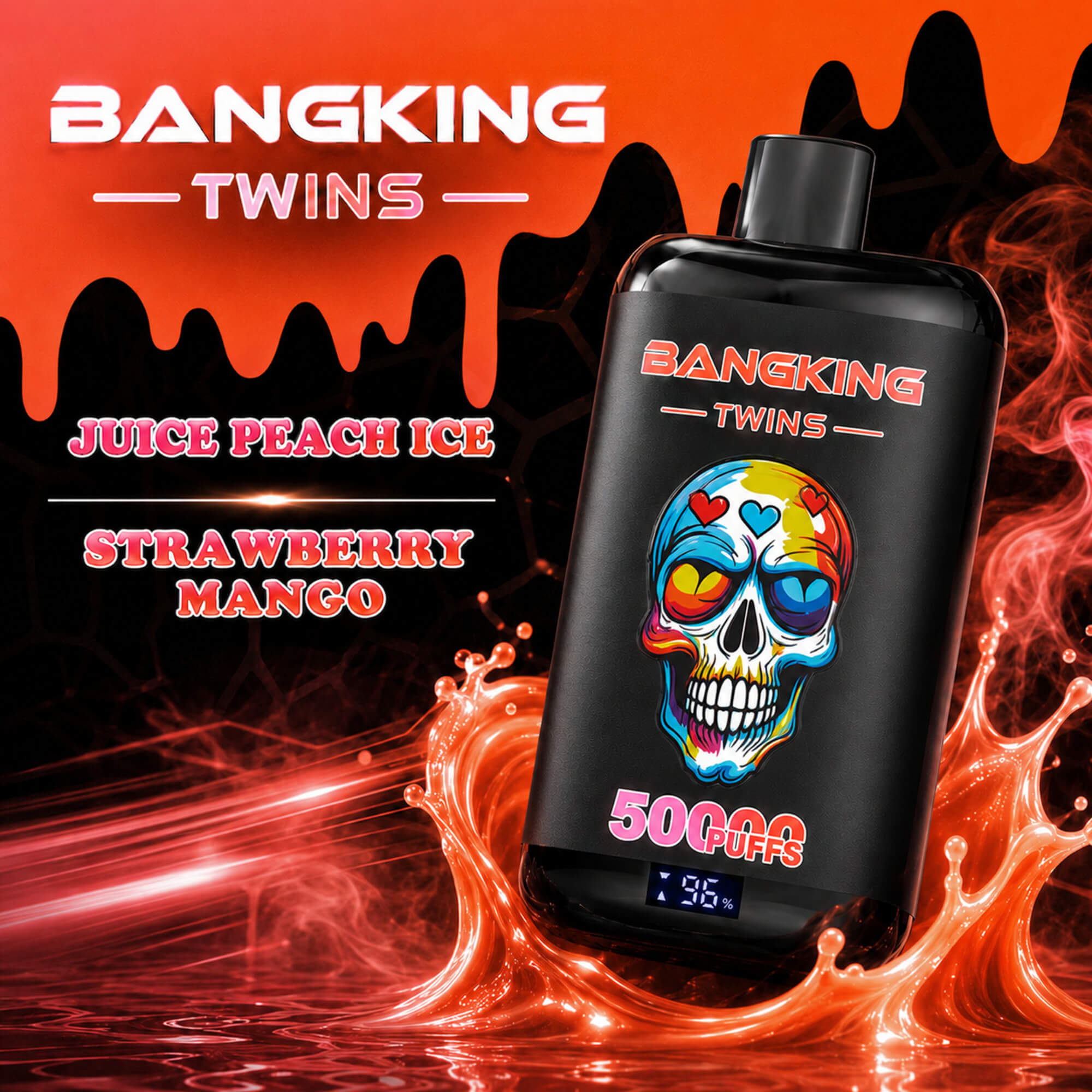 Promotional Graphic For Bangking Twins Vape, Showing A Black Device And Flavors Juice Peach Ice, Strawberry, And Mango