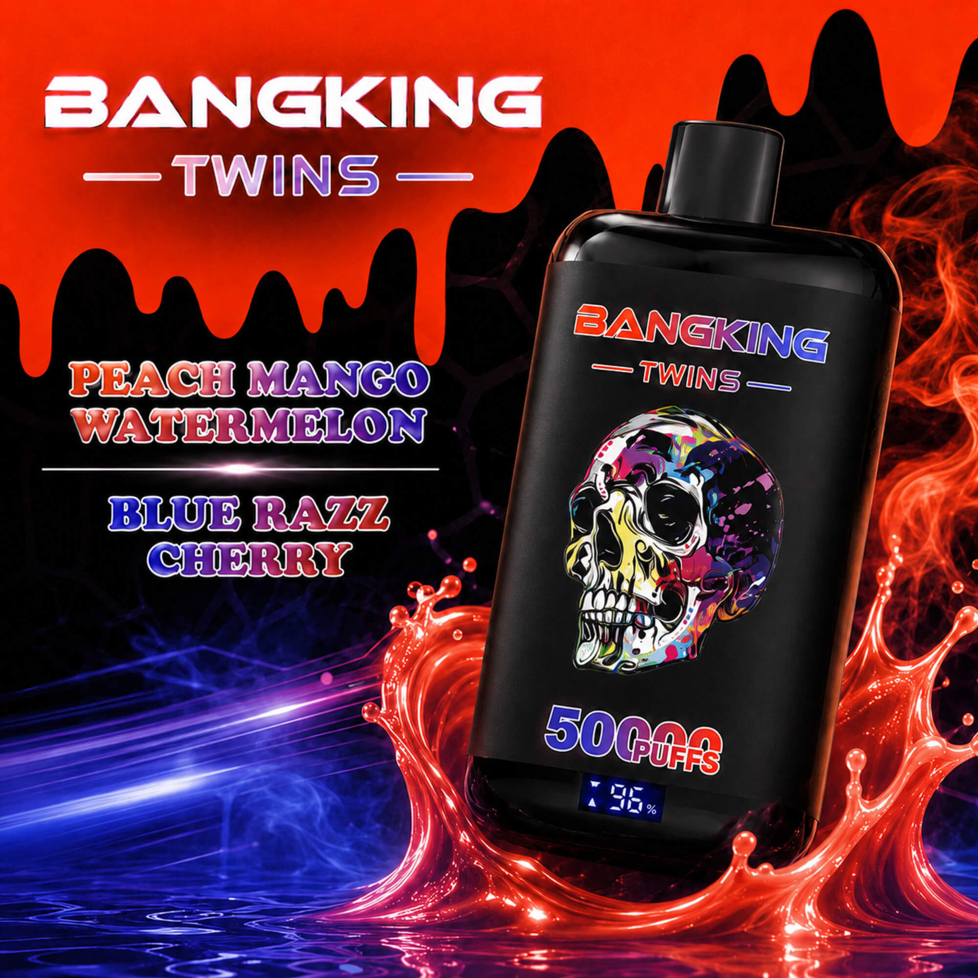 Promotional Image Of A Bangking Twins Vape With Skull Graphic, Listing Peach Mango Watermelon And Blue Razz Cherry Flavors