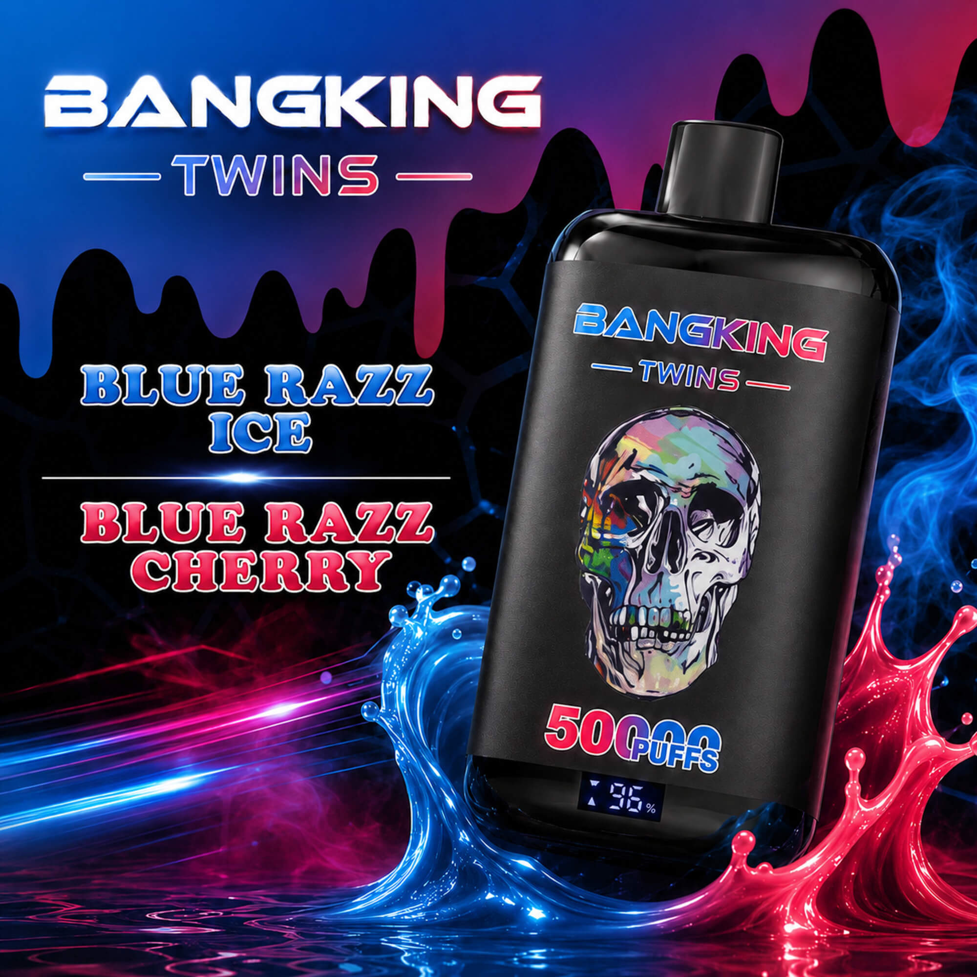 Bangking Twins Vape Ad With Blue Razz Ice And Blue Razz Cherry Flavors, Skull Graphic, And 5000 Puffs