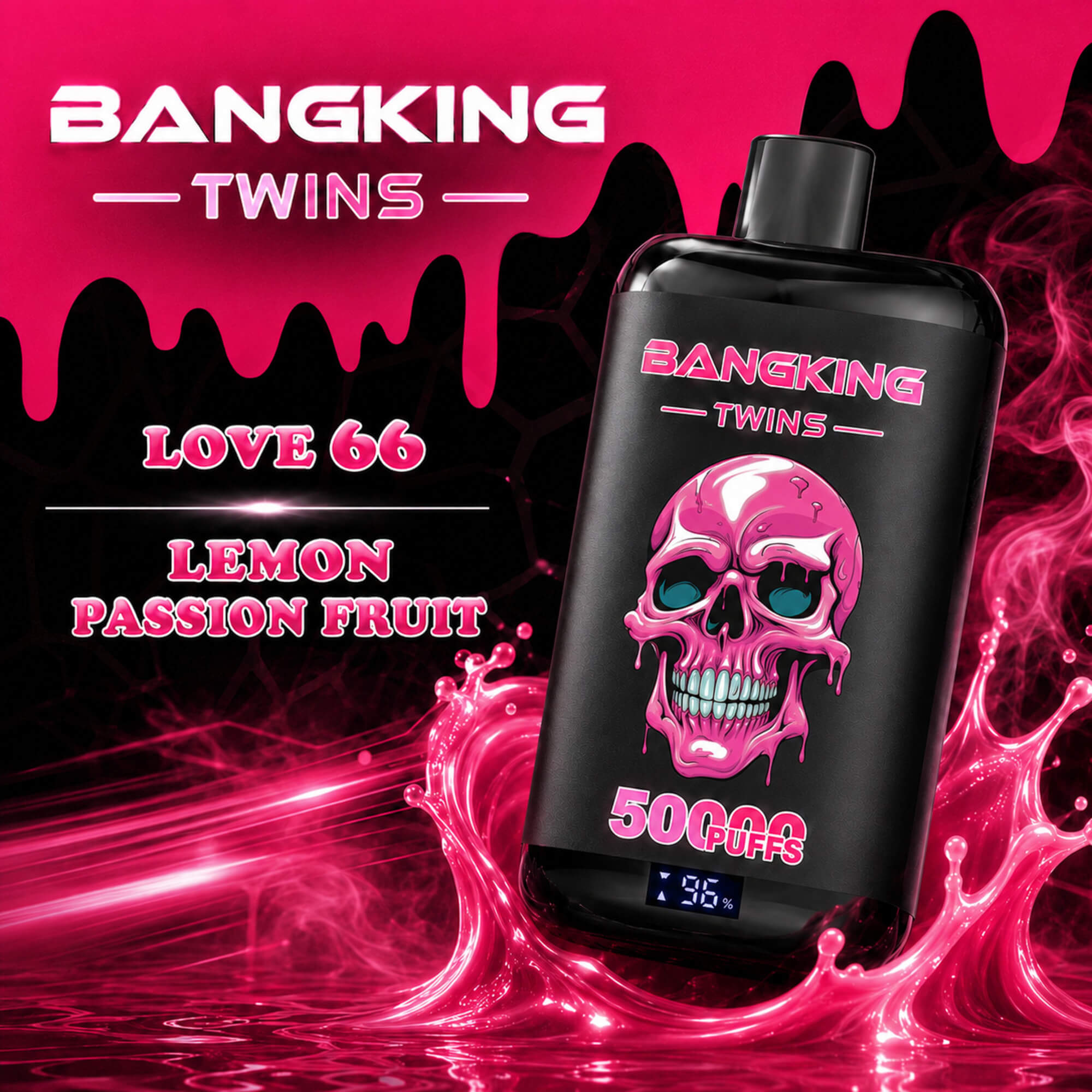 Pink Bangking Twins Vape Ad With A Black Device, Skull Graphic, And Lemon Passion Fruit Flavor Text