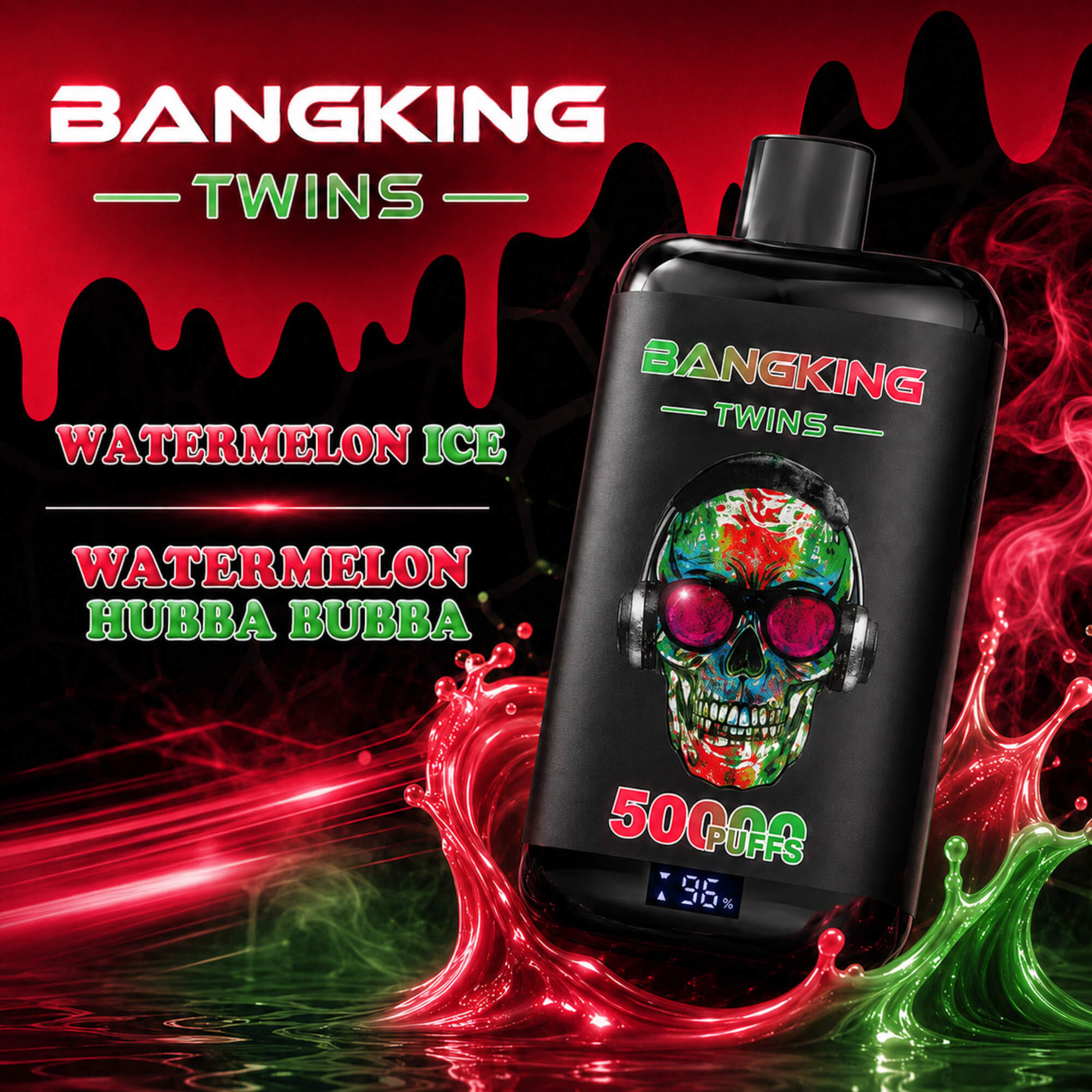 Bangking Twins Watermelon Ice And Watermelon Hubba Bubba Vape Device With Skull Graphic On A Red And Black Background