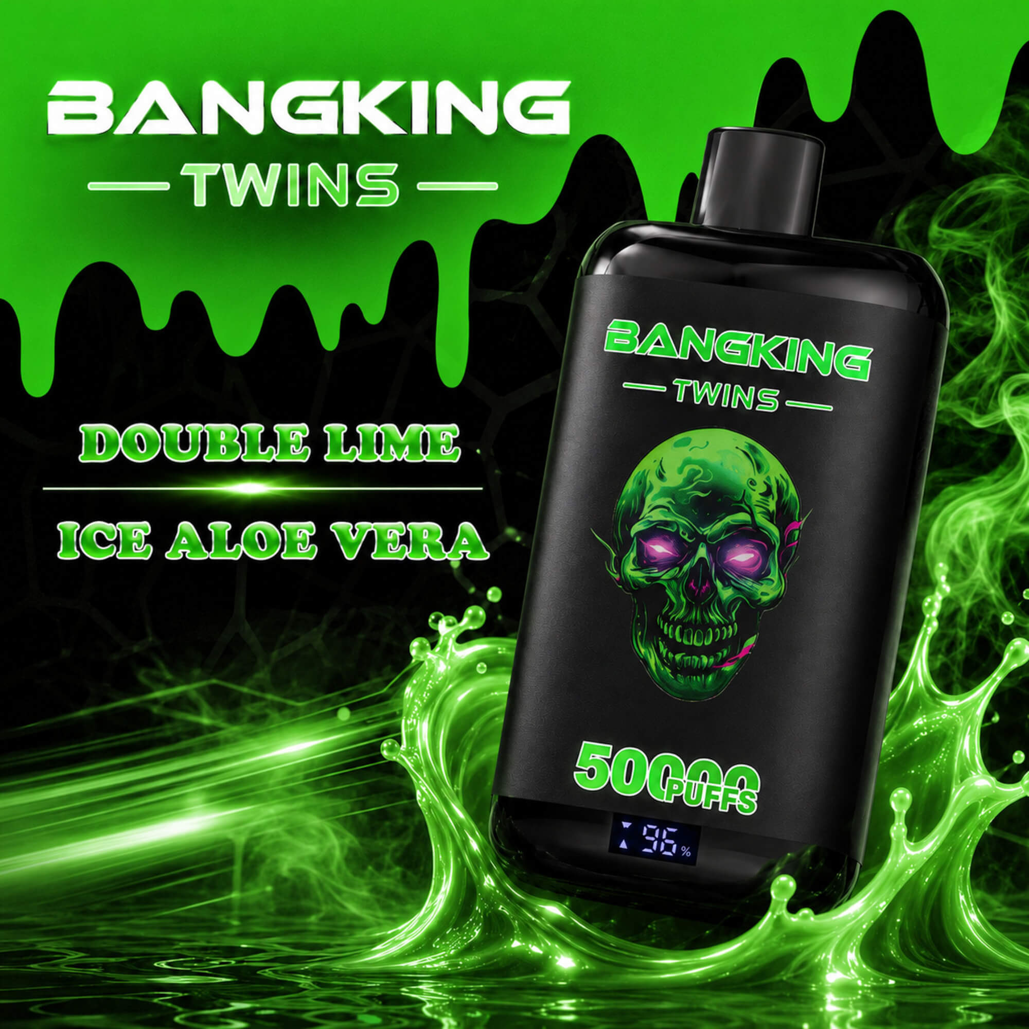 Green Bangking Twins Vape Ad With A Black Skull Bottle, Neon Splashes, And Text Reading Double Lime Ice Aloe Vera, 5000 Puffs