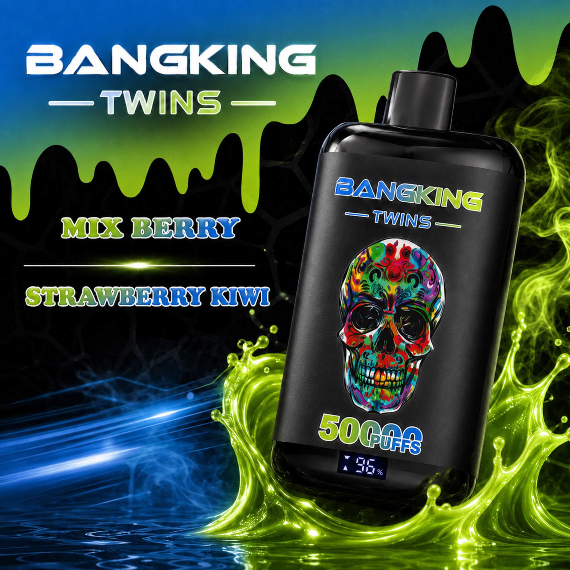 Bangking Twins Mix Berry And Strawberry Kiwi Vape Advertisement With A Colorful Skull Bottle Design