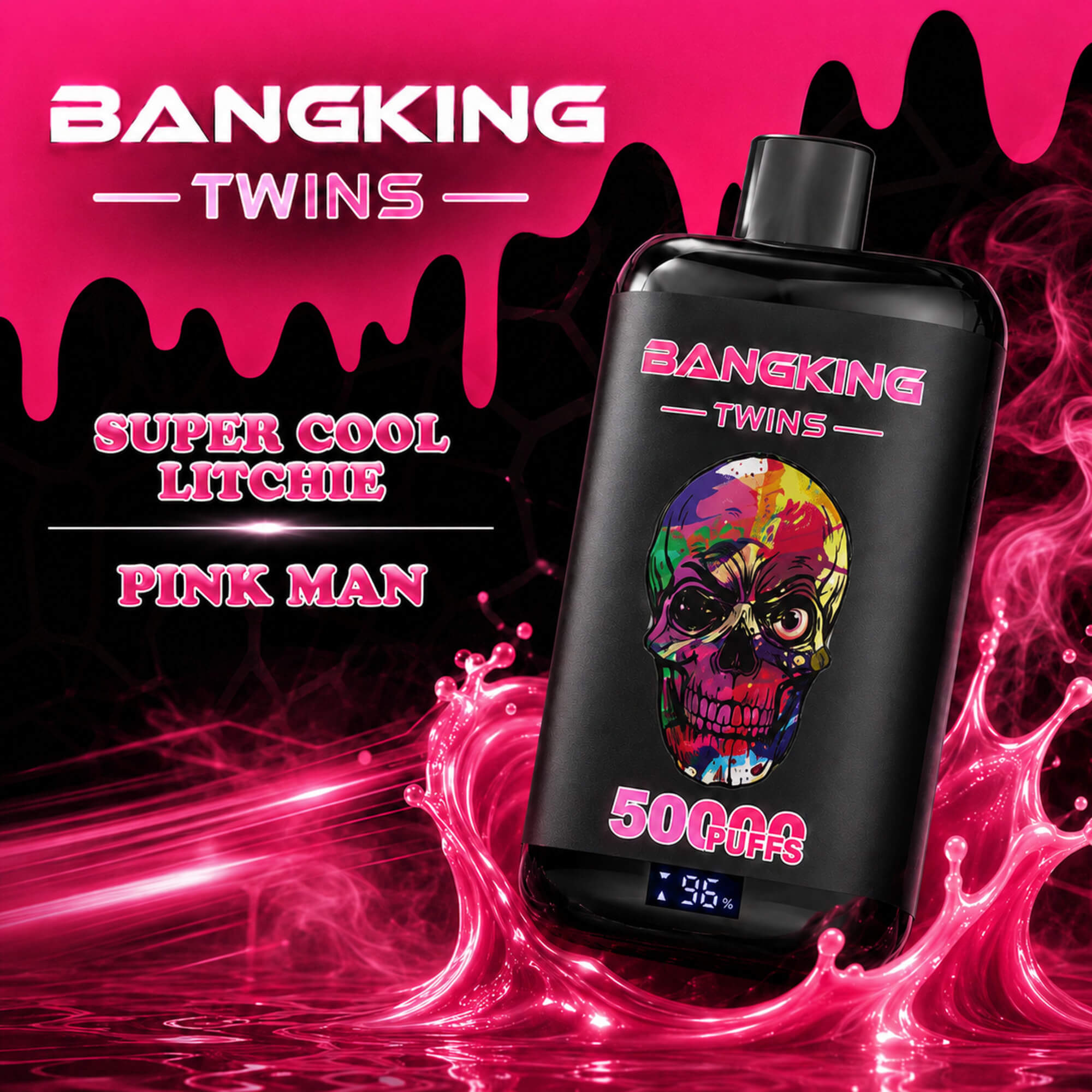 Pink Bangking Twins Vape Ad With A Black Device, Colorful Skull Graphic, And Text Reading Super Cool Litchi, Pink Man, And 50000 Puffs