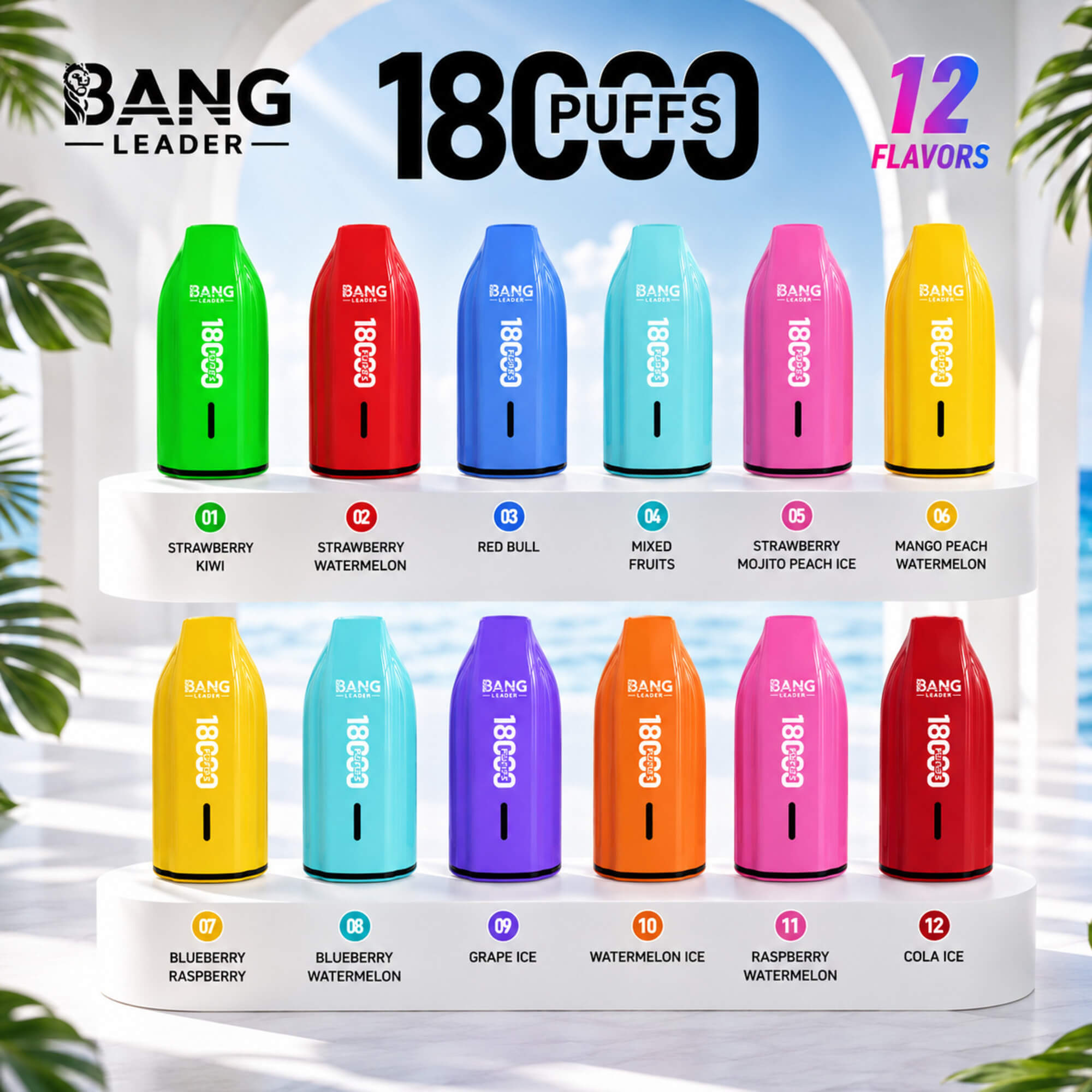 Colorful Bang Leader 18,000-Puff Vape Display Showing 12 Flavors On Two White Shelves