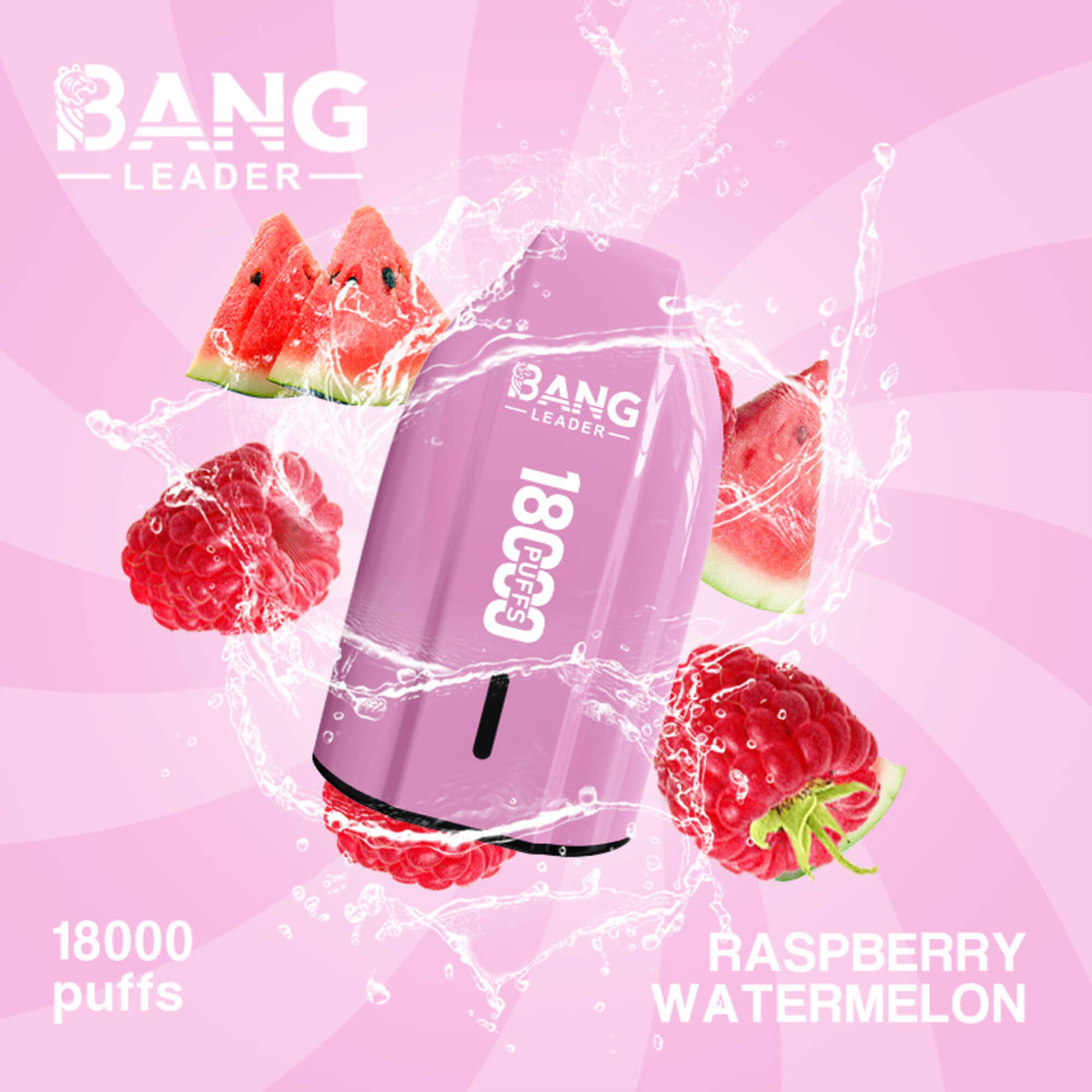 Pink Bang Leader Vape With Raspberry Watermelon Flavor, Surrounded By Fruit And Water Splash Graphics