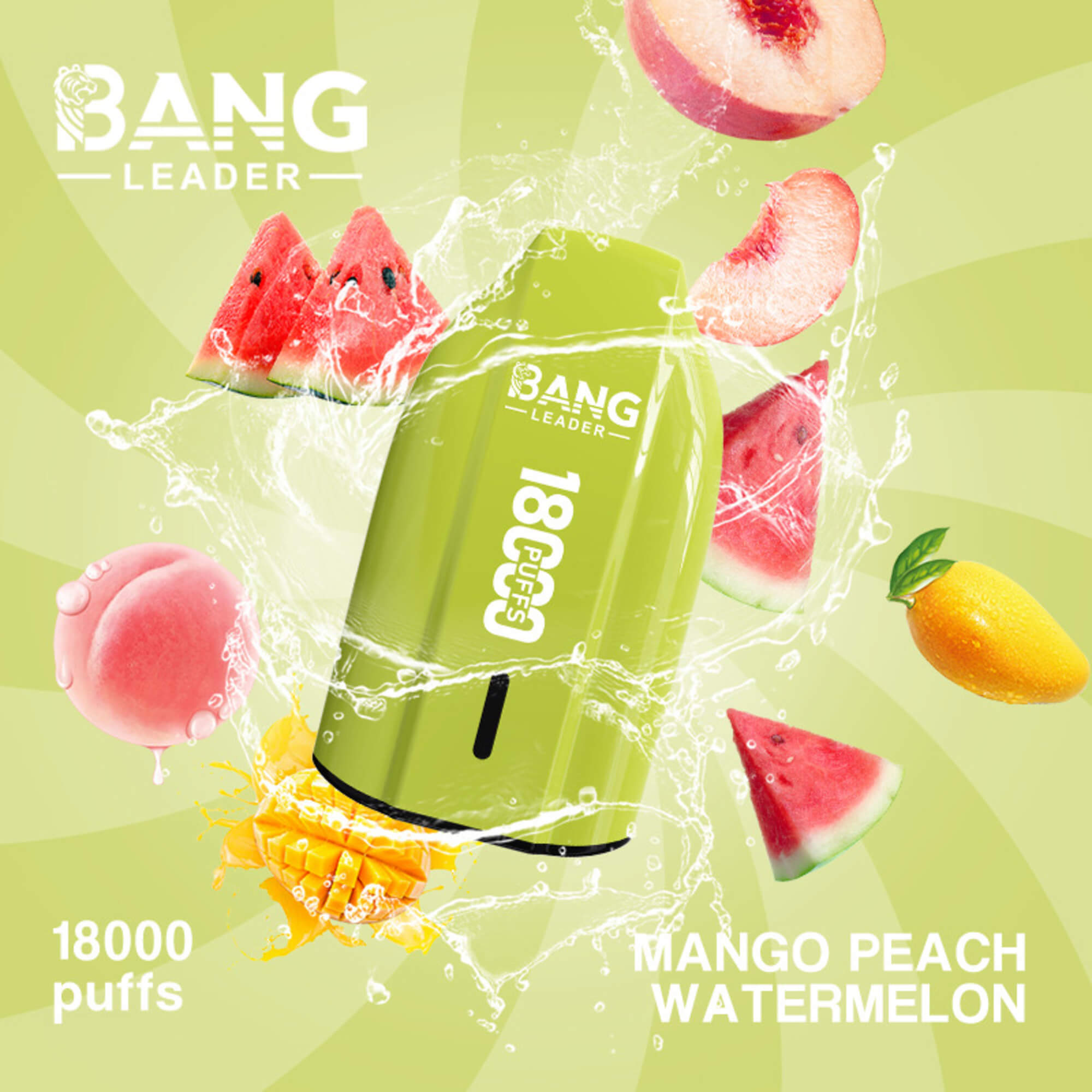 Green Bang Leader 18000 Puffs Vape Ad With Mango, Peach, And Watermelon Slices Splashed With Water