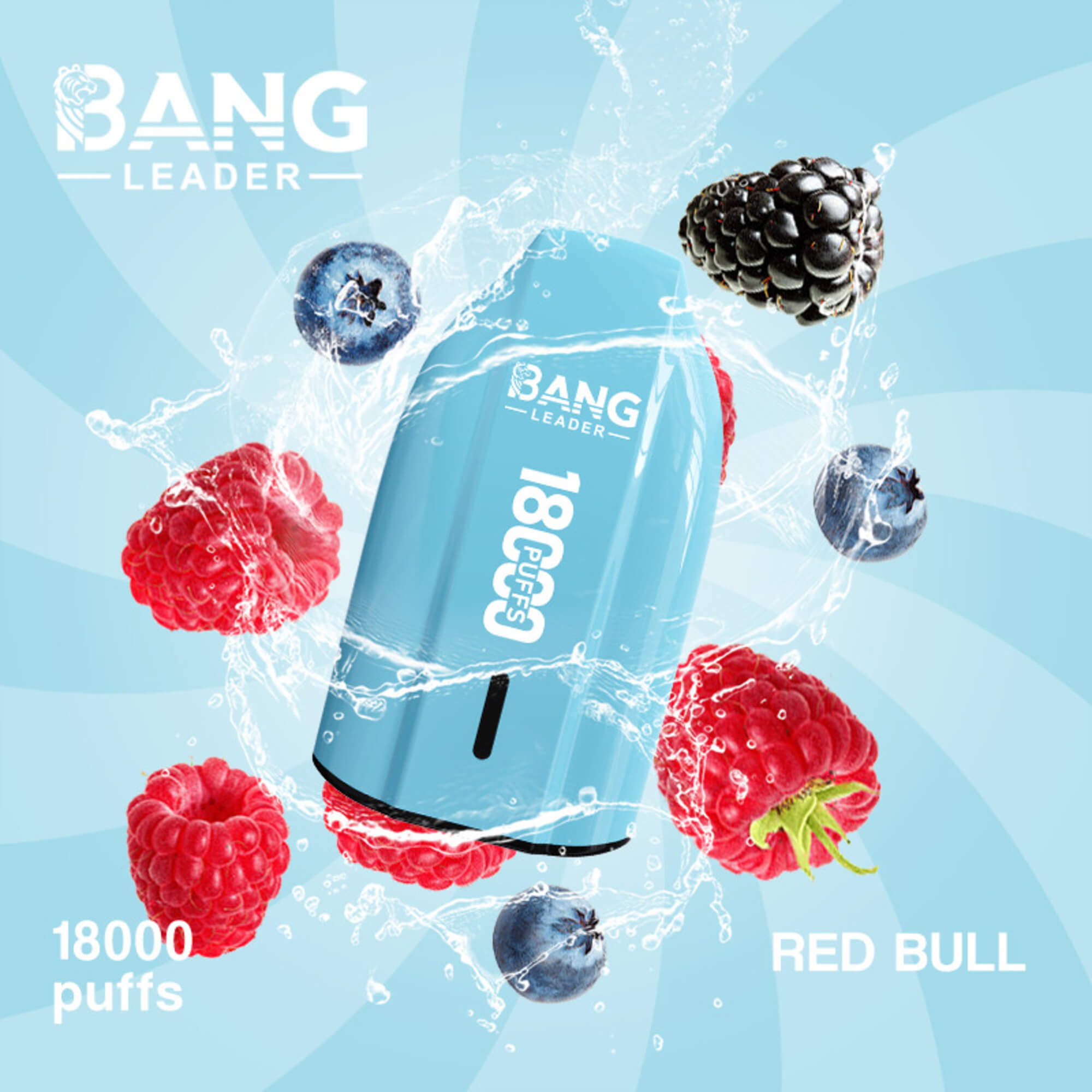 Blue Bang Leader 18K Puffs Red Bull Vape With Splashing Water And Floating Berries On A Light Blue Background