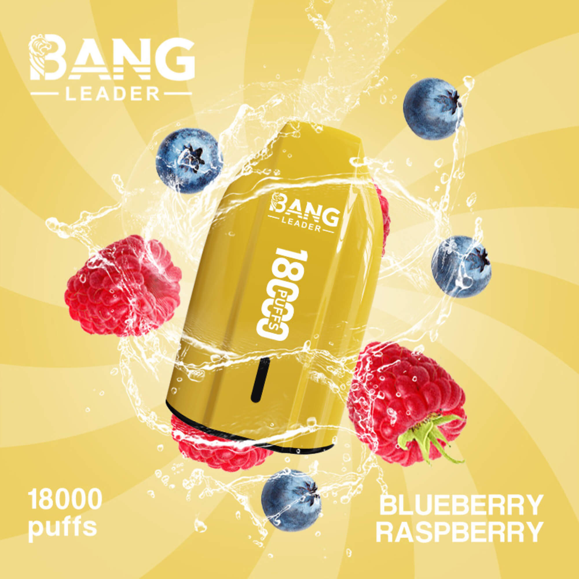 Yellow Bang Leader 18000 Puffs Vape With Blueberry And Raspberry Graphics And Splash Effects