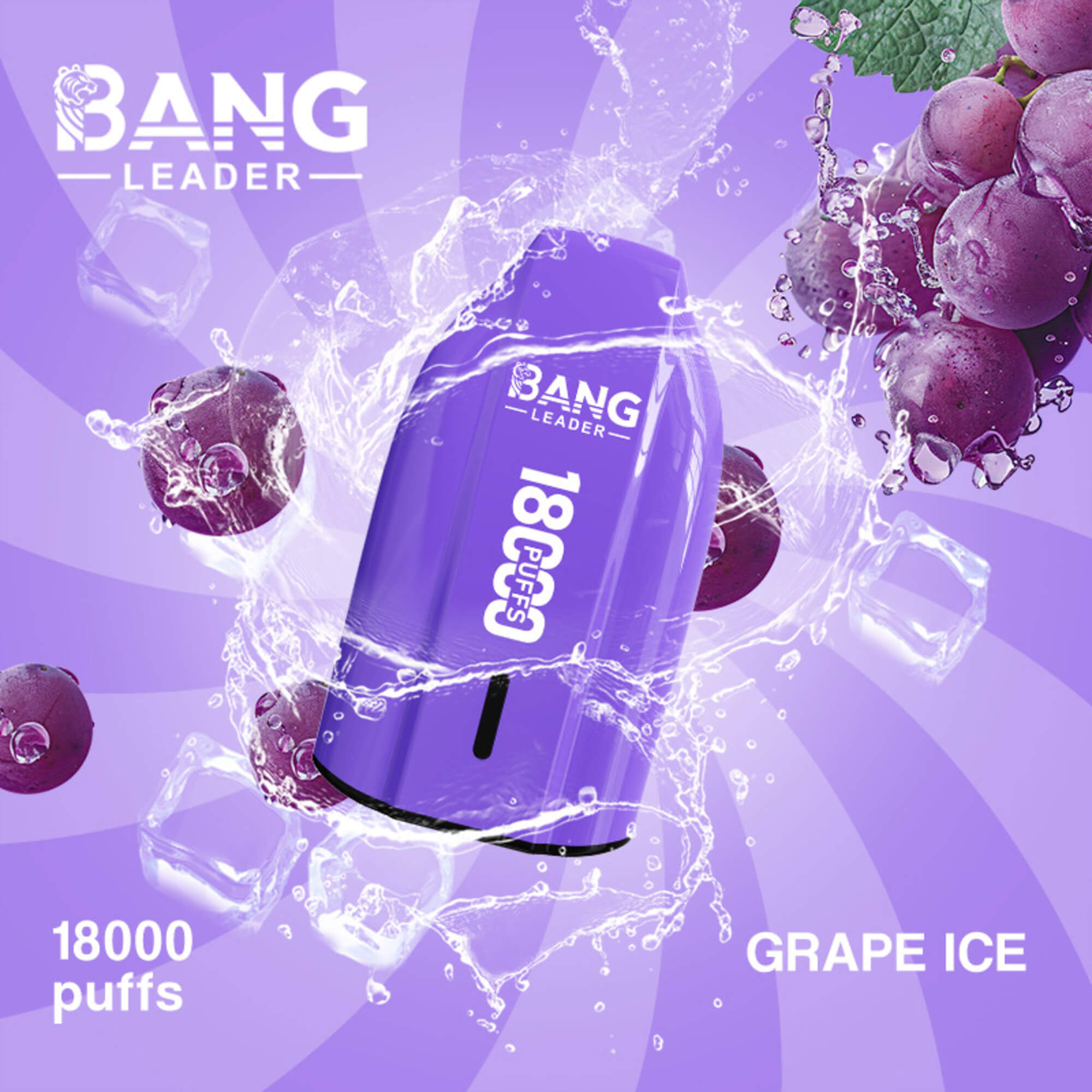 Purple Bang Leader 18000 Puffs Vape Ad With Grapes, Ice, And Water Splash, Labeled Grape Ice