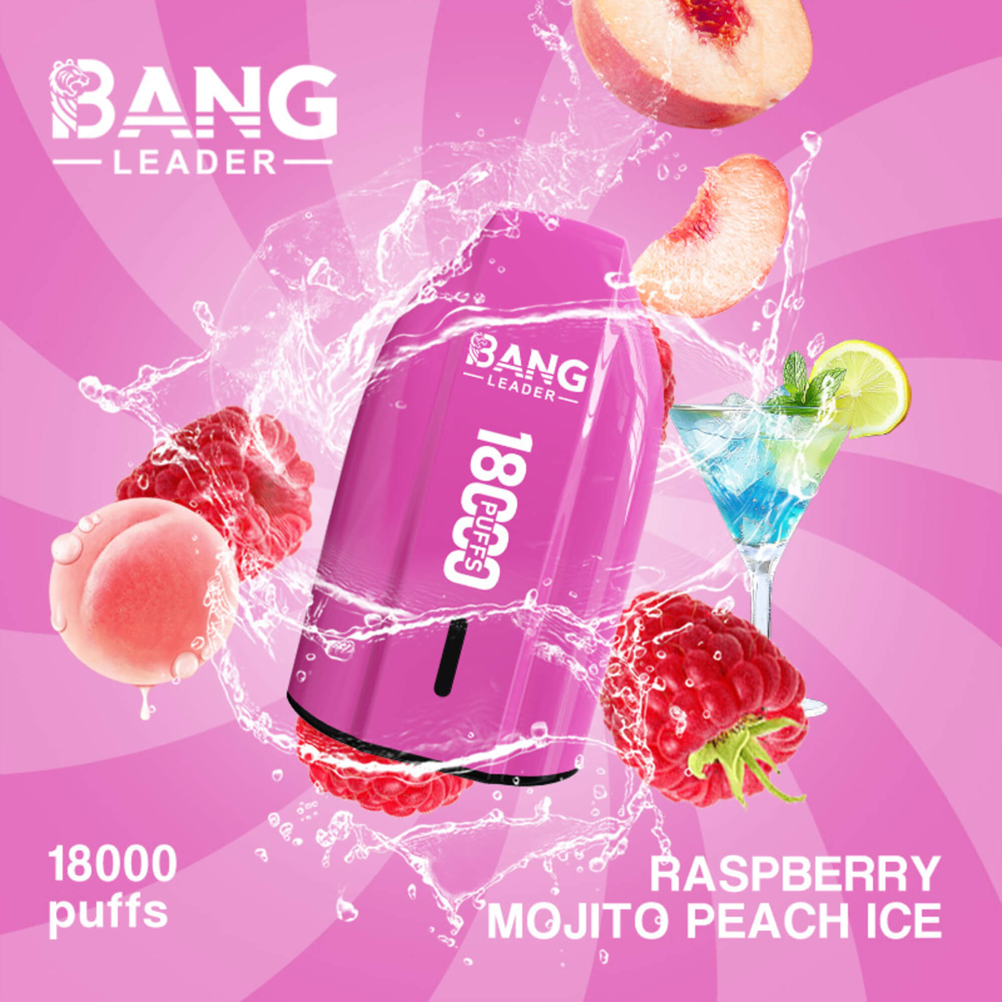 Pink Bang Leader Vape Ad With Raspberry, Peach, And Mojito Ice Flavors Splashed Around A Device With 18000 Puffs Text