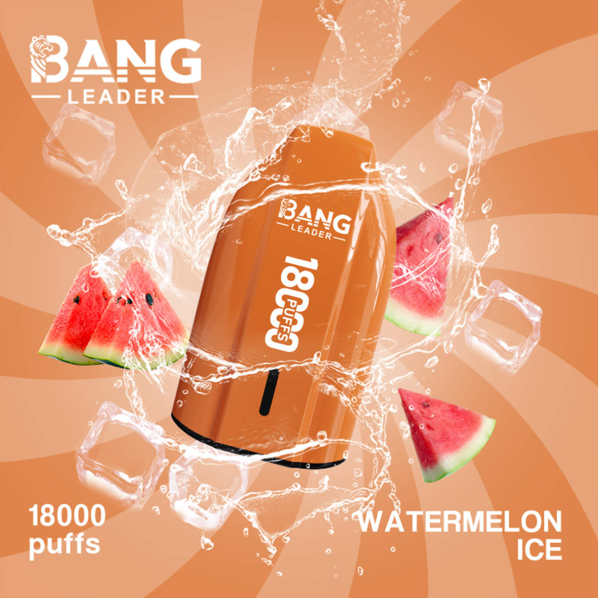 Orange Bang Leader 18000 Puffs Watermelon Ice Vape With Watermelon Slices And Splashing Water On An Orange Background