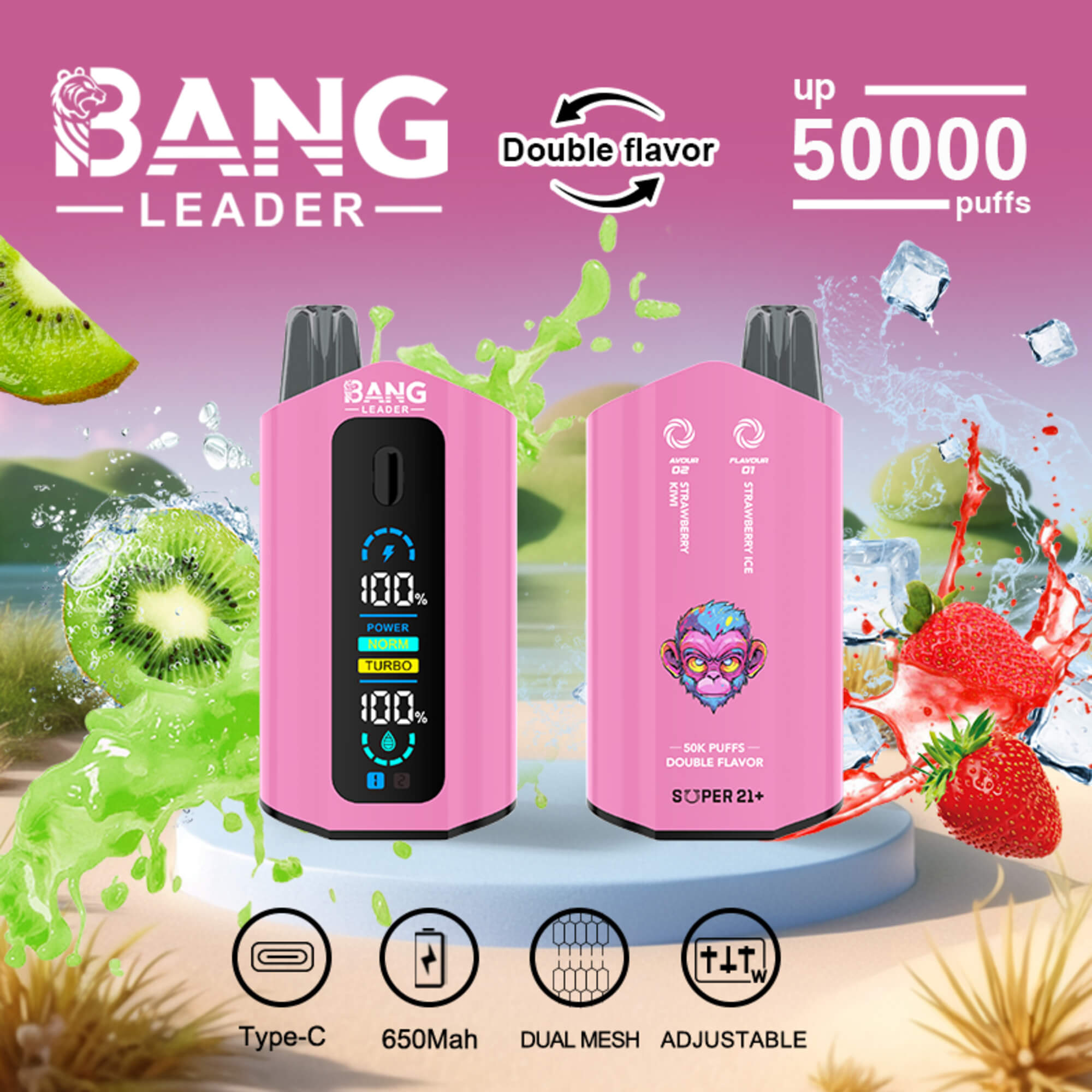 Pink Bang Leader Vape Device Ad With Kiwi And Strawberry Flavor Splashes And 50,000 Puff Claim