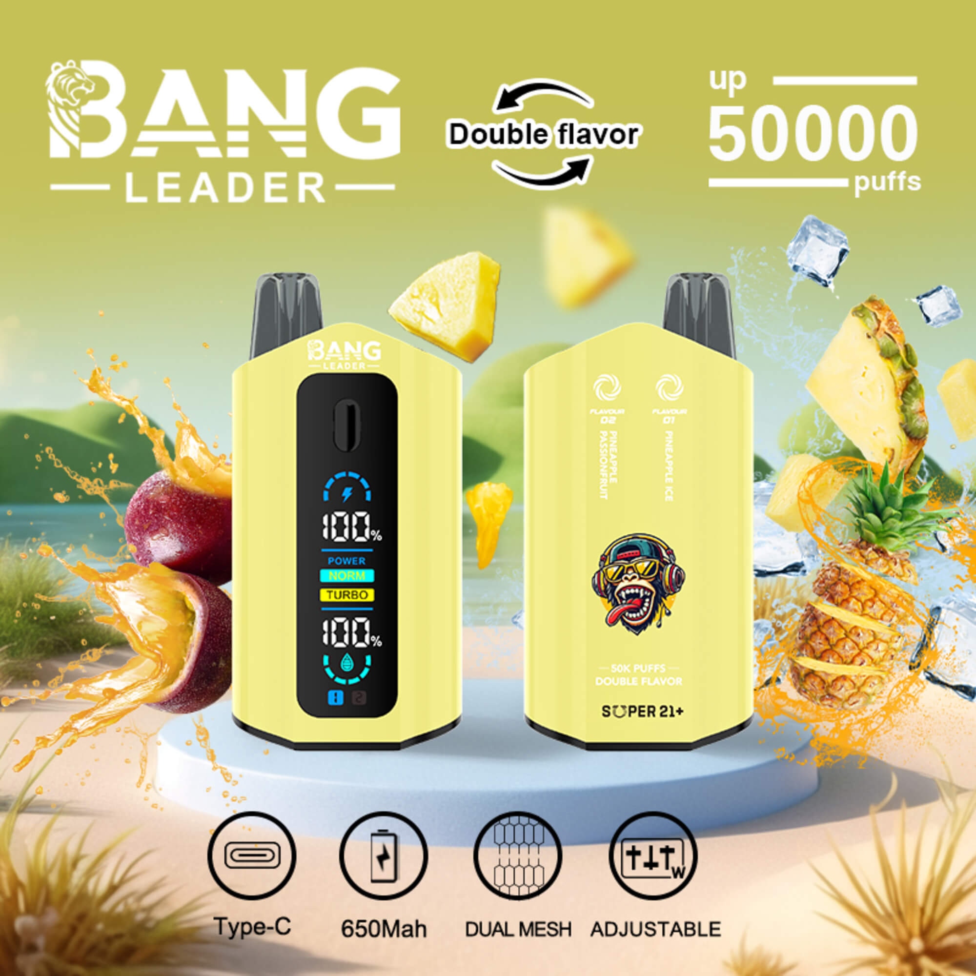 Promotional Graphic For A Bang Leader Vape Device, Showing Two Yellow Units With Fruit Flavors And “Up 50000 Puffs” Text