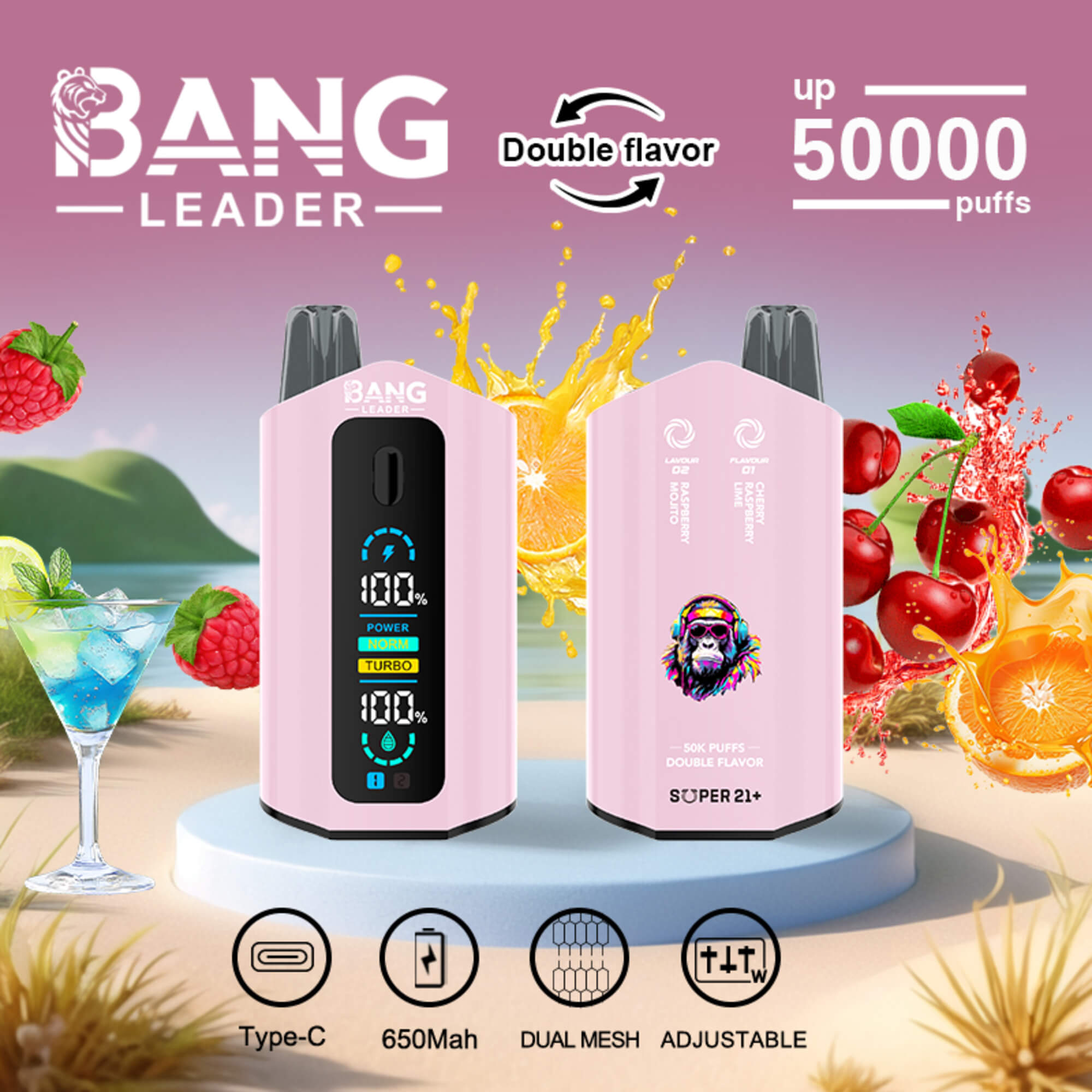 Pink Bang Leader Vape Ad Showing Two Devices, Fruit Splashes, And Text Promising Double Flavor And Up To 50,000 Puffs
