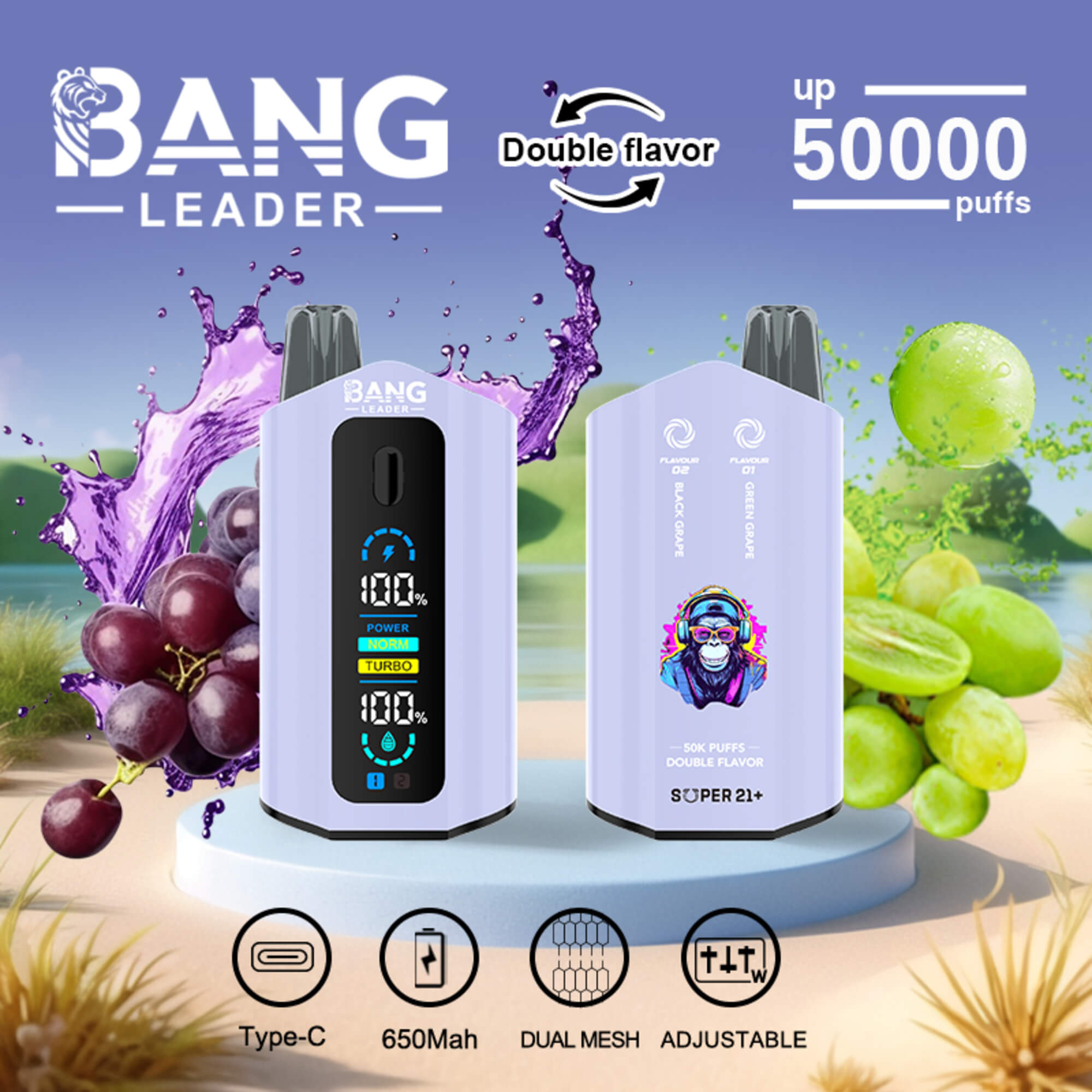Bang Leader Vape Devices With Grape And Green Apple Flavors, “Double Flavor,” And Up To 50,000 Puffs Displayed