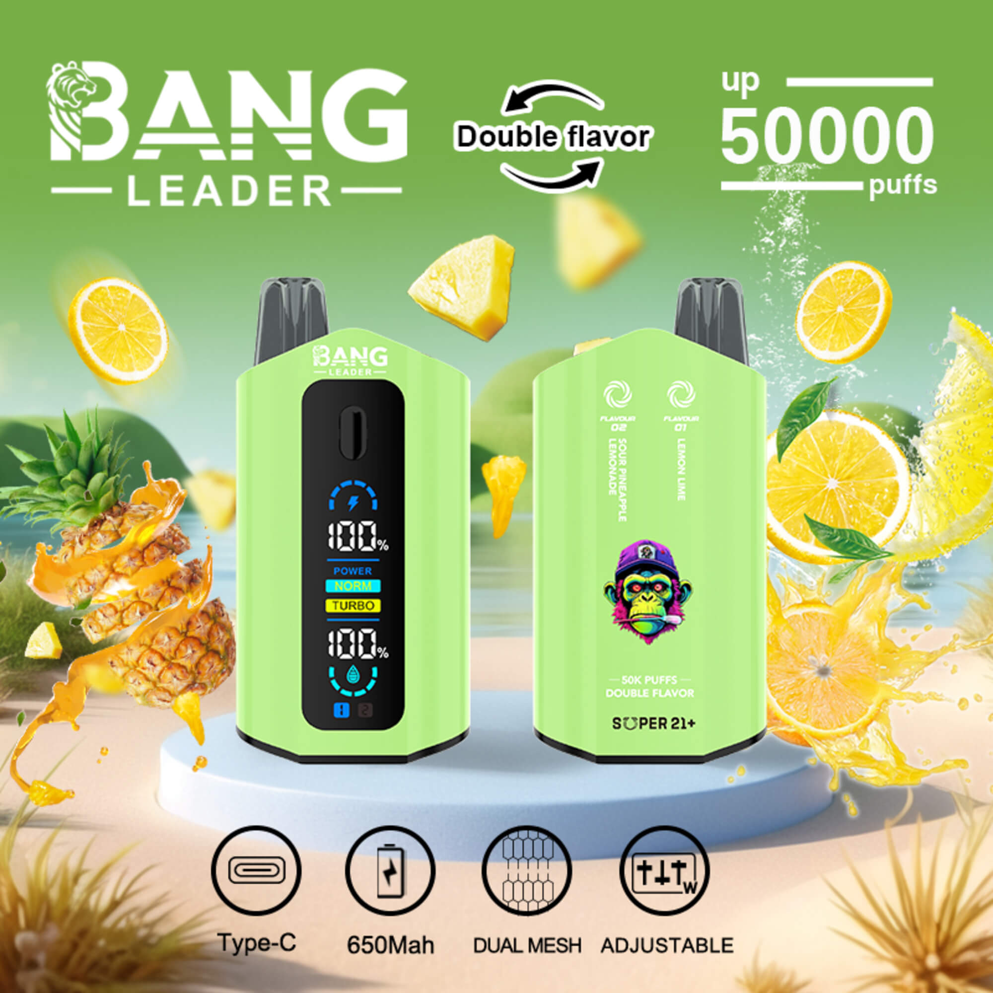 Green Bang Leader Vape Ad Showing Double-Flavor Device With Pineapple And Lemon Graphics, 50,000 Puffs, Type-C, 650Mah Battery
