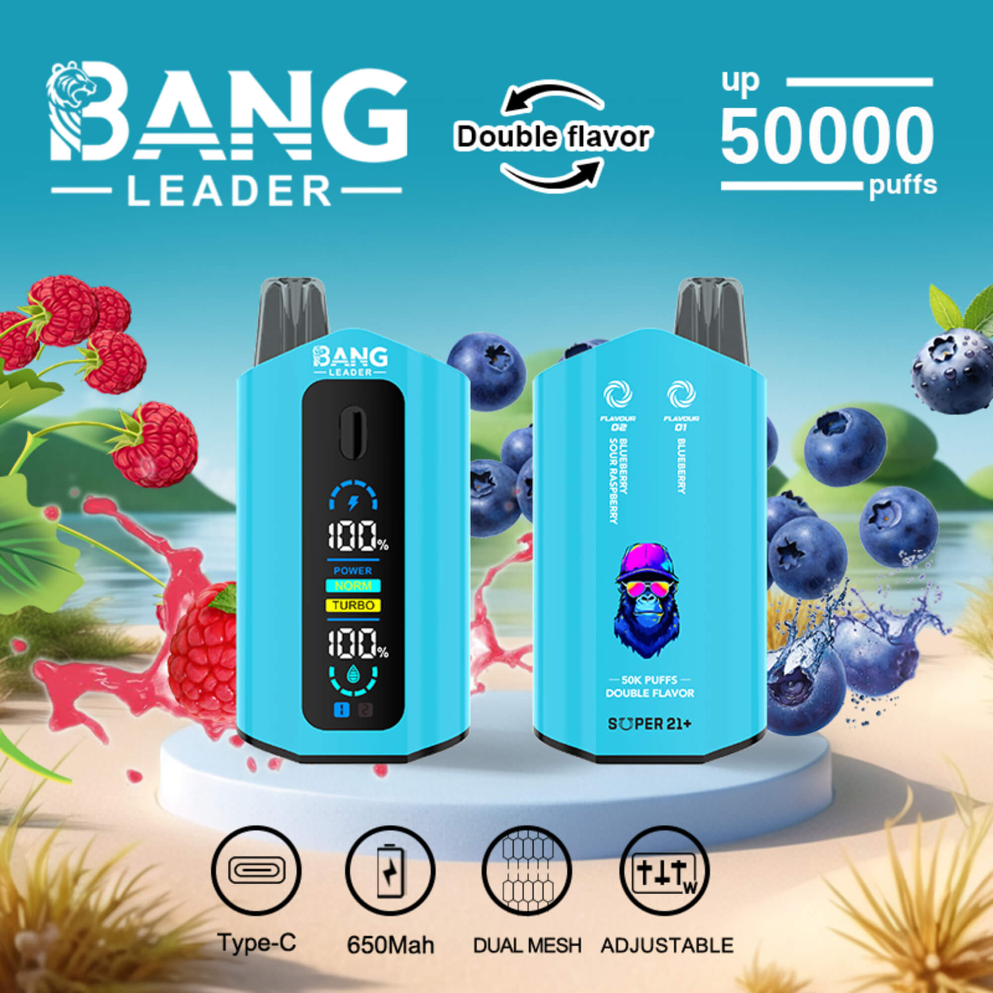 Bang Leader Vape Ad Showing Two Blue Devices With Double Flavor, Up To 50,000 Puffs, And Blueberry/Raspberry Graphics