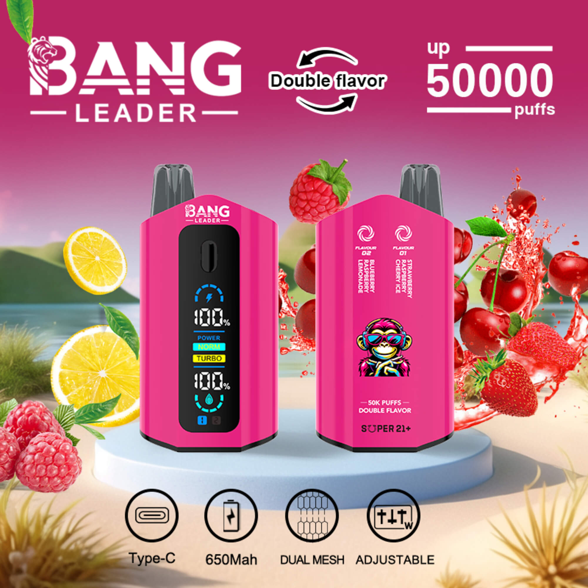 Pink Bang Leader Vape Ads With Double Flavor, 50,000 Puffs, And Fruit Flavors On Display