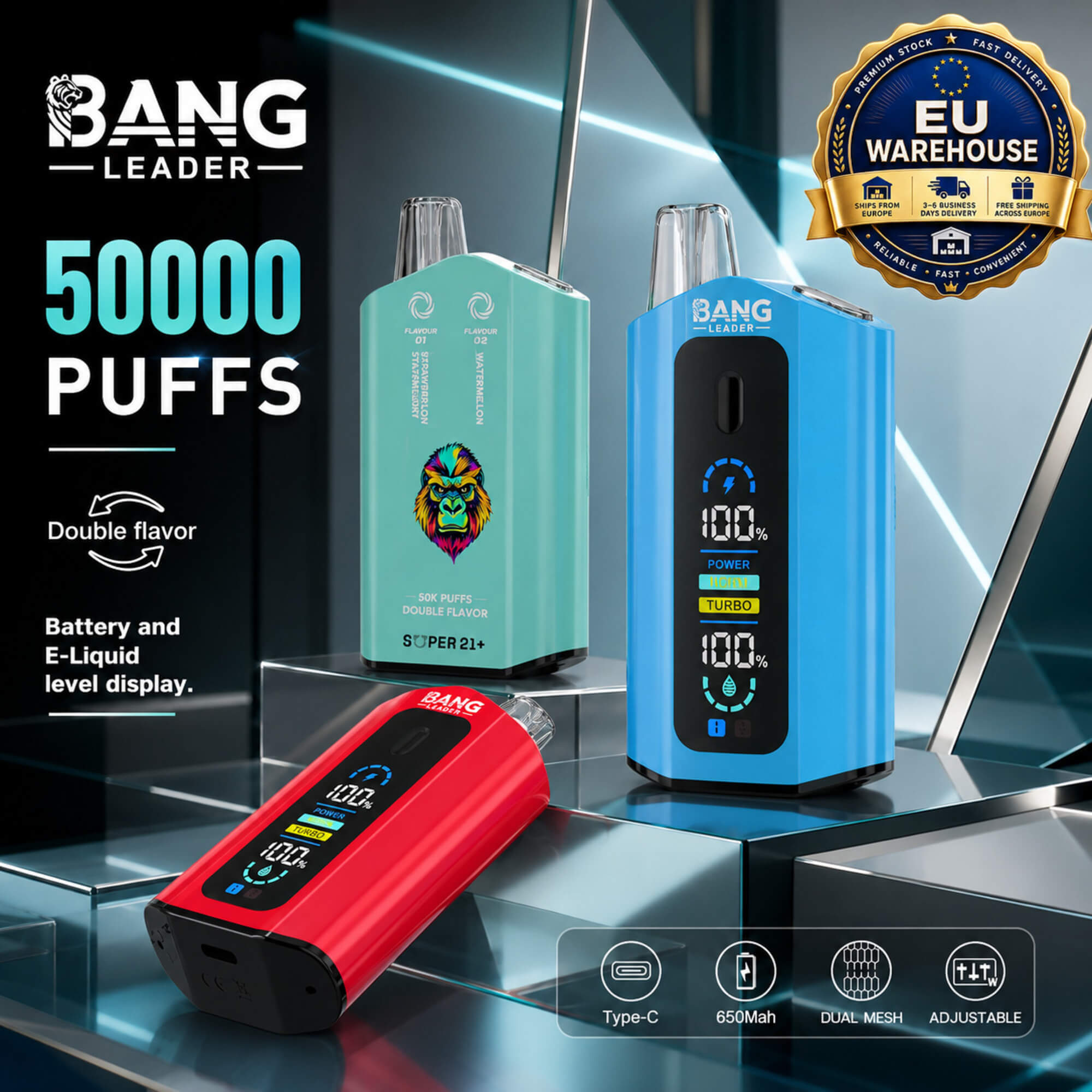 Advertisement For Bang Leader 50K Vape Devices, Showing Three Colorful Disposable Vapes And Text About 50,000 Puffs And Battery Display