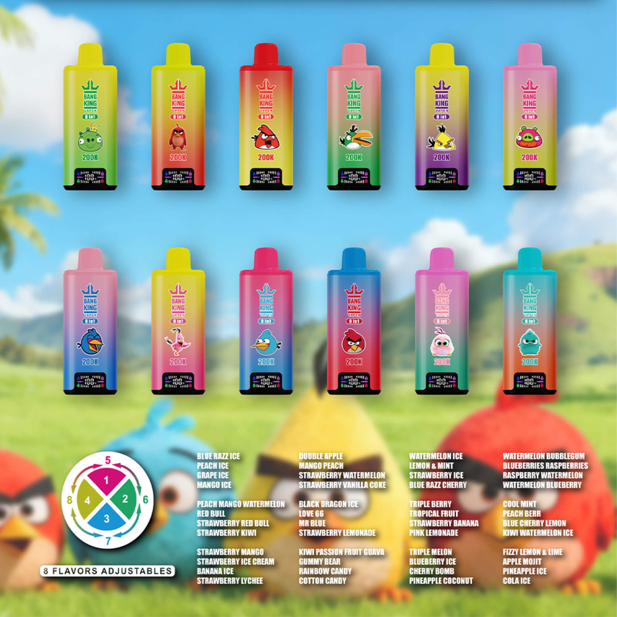 Colorful Bang King Vape Devices With Angry Birds Characters And An 8-Flavor Adjustable Chart On A Sky-Blue Background