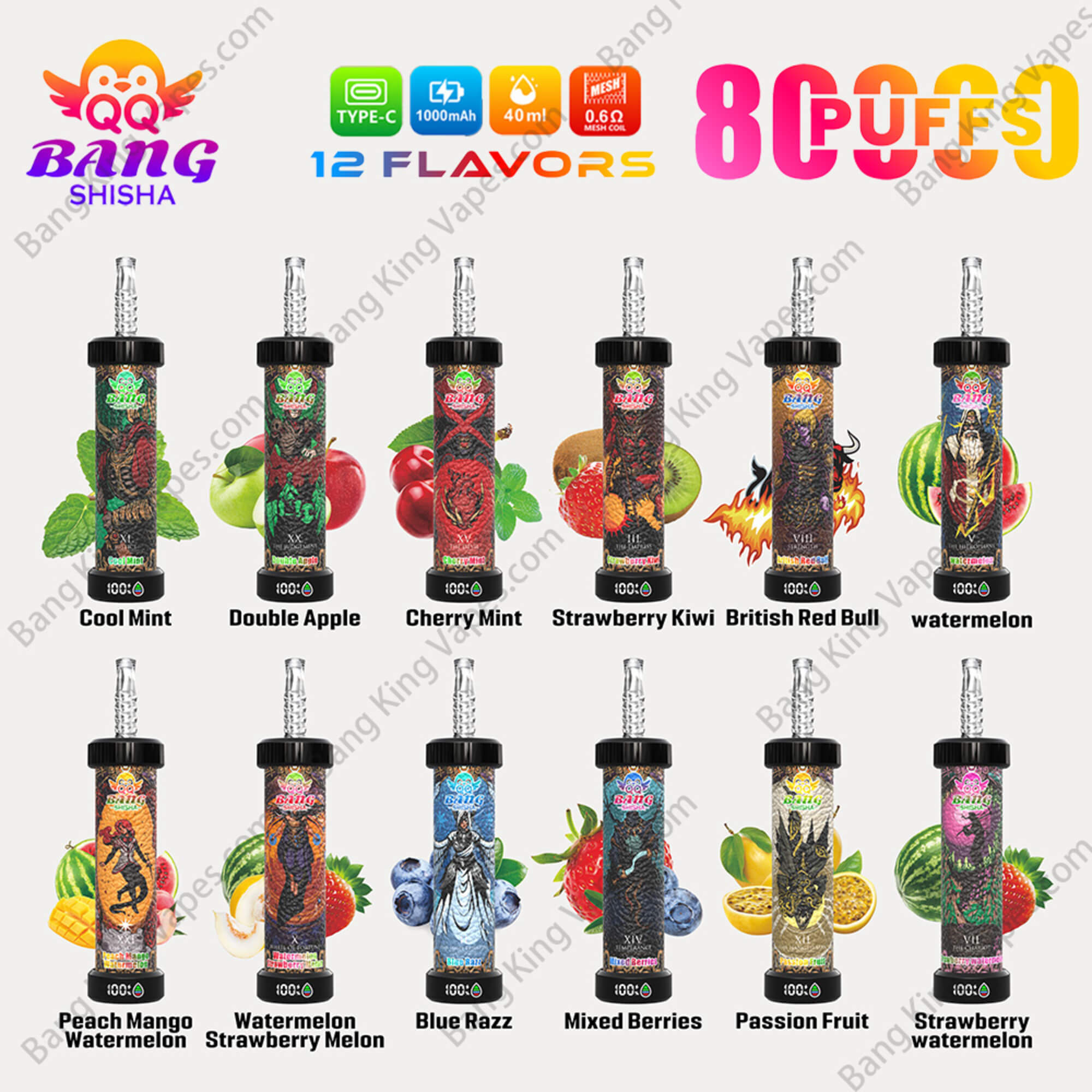 Reklamdiagram för Bang Shisha som visar 12 vape-smaker, 80 000 bloss och smakmärkta enheter med fruktbilder