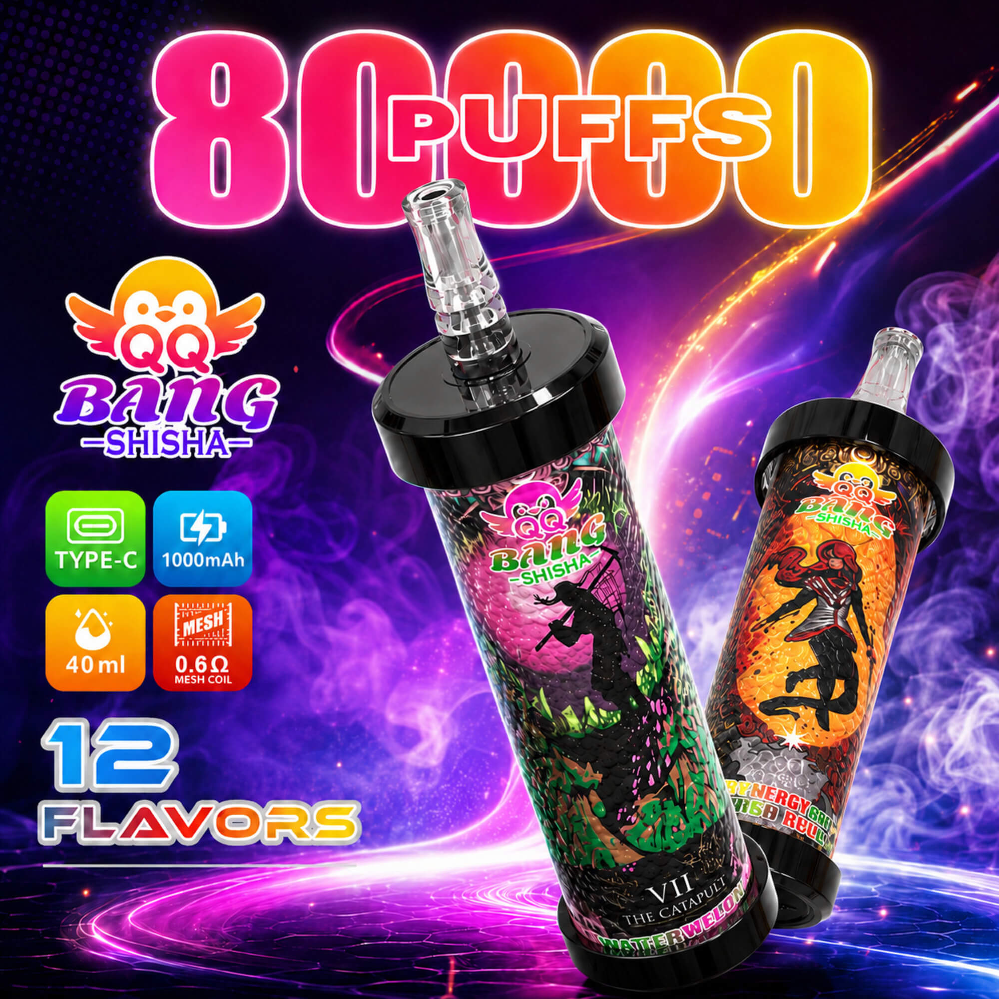 Färgstark annons för 80 bloss QQ Bang Shisha 80K vape-enheter, med två flaskor och funktioner som Type-C, 1000mAh, 40ml och 12 smaker