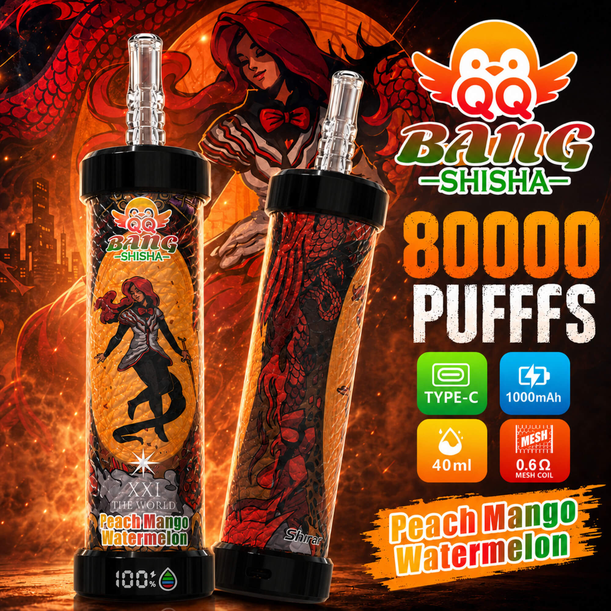 Reklambild för Bang Shisha Peach Mango Watermelon vape-enheter med specifikationer och en eldigt anime-inspirerad bakgrund