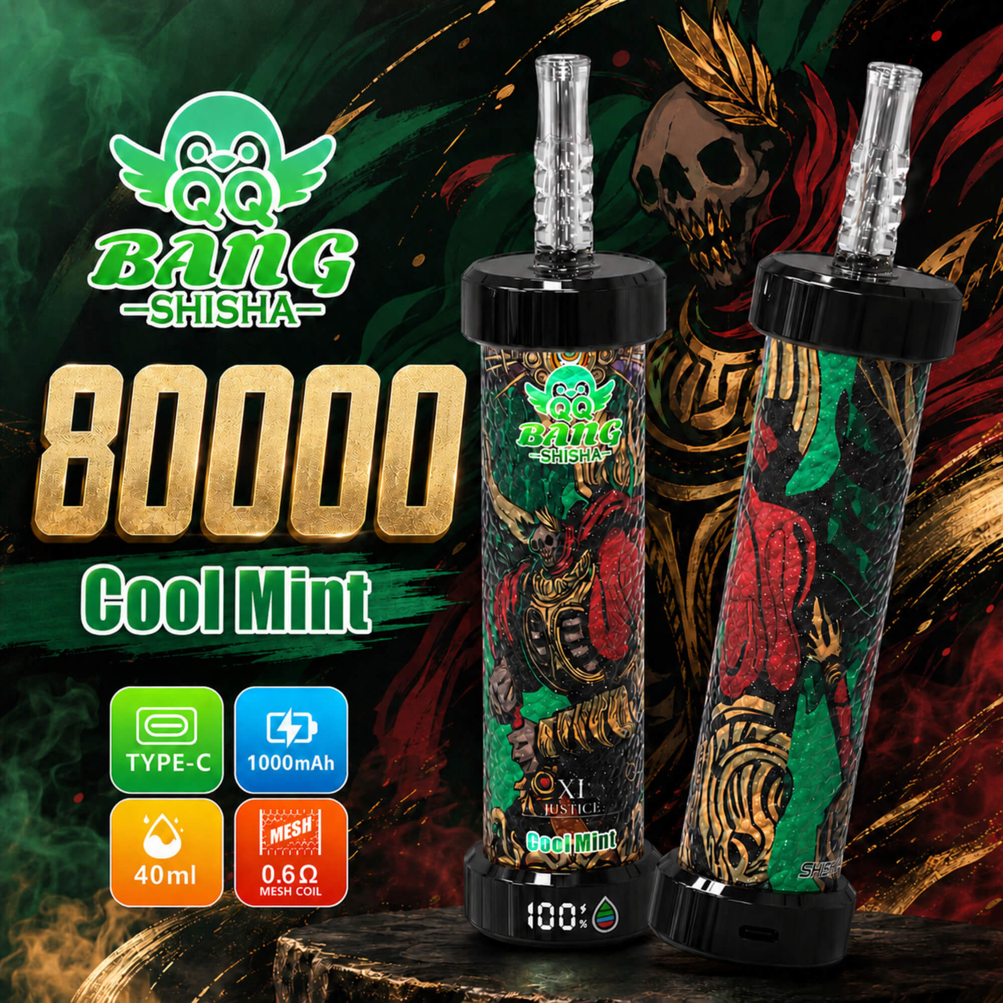 Bang Shisha Cool Mint vape-annons med två skalleinspirerade enheter och funktionsikoner som visar 80 000, Type-C, 1000mAh, 40 ml och 0.6Ω mesh-spole