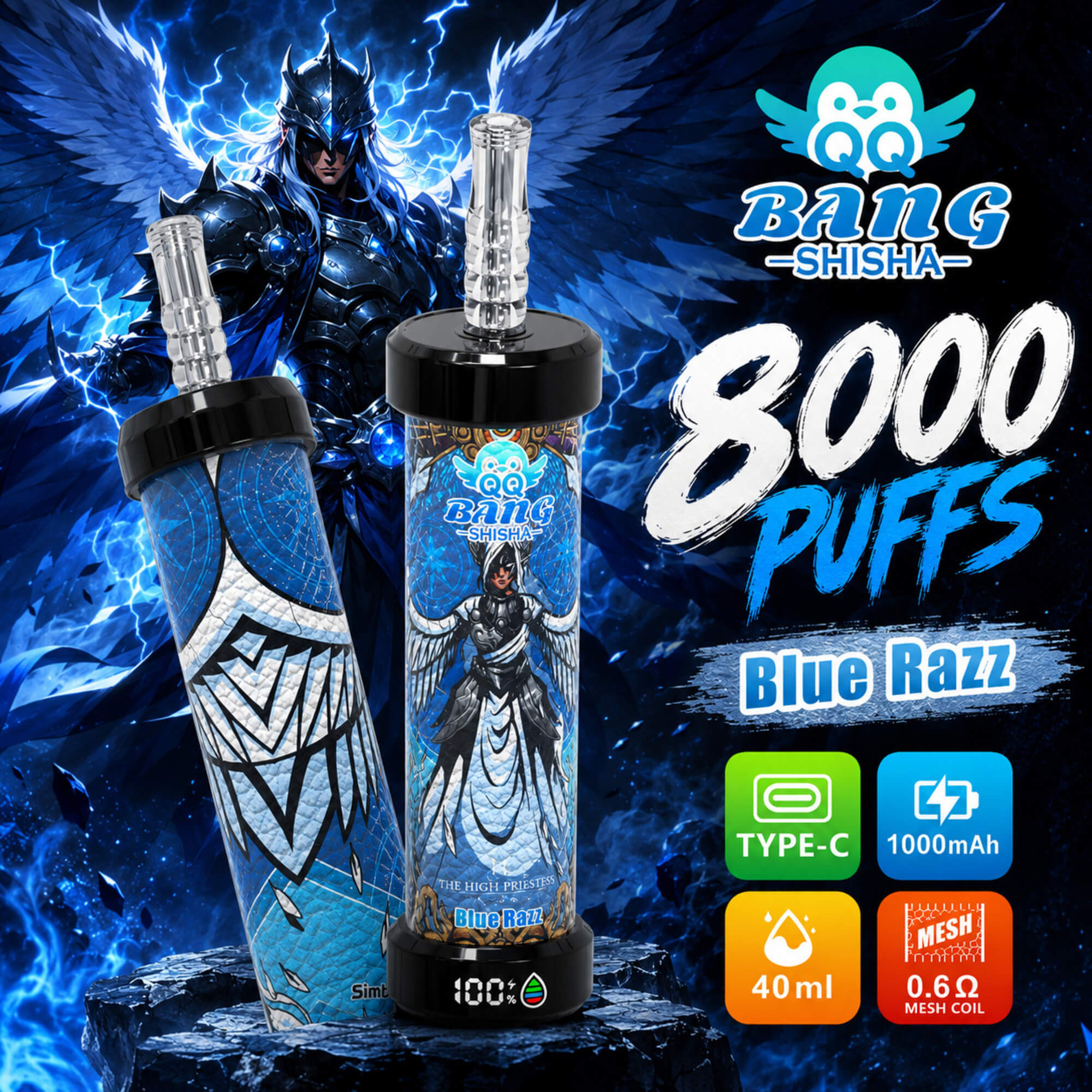 Reklambild för Bang Shisha 8000 bloss Blue Razz vape med blåvingad karaktär och funktionsikoner