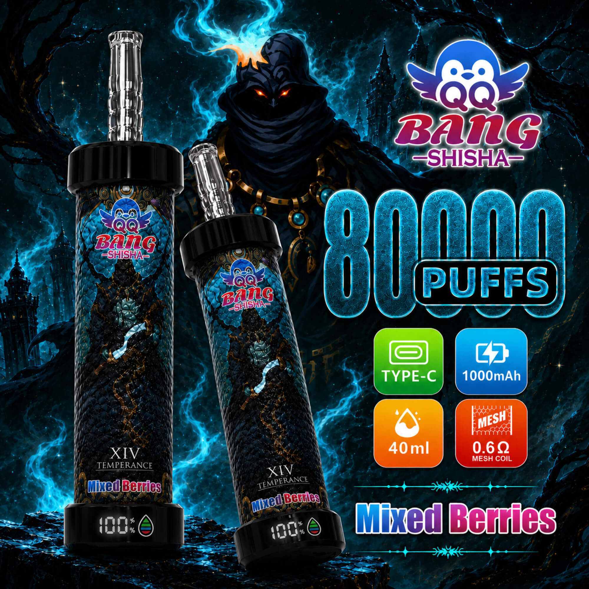 Reklambild för QQ Bang Shisha Mixed Berries vape-enhet, visar två enheter, 8000 bloss och funktionsikoner