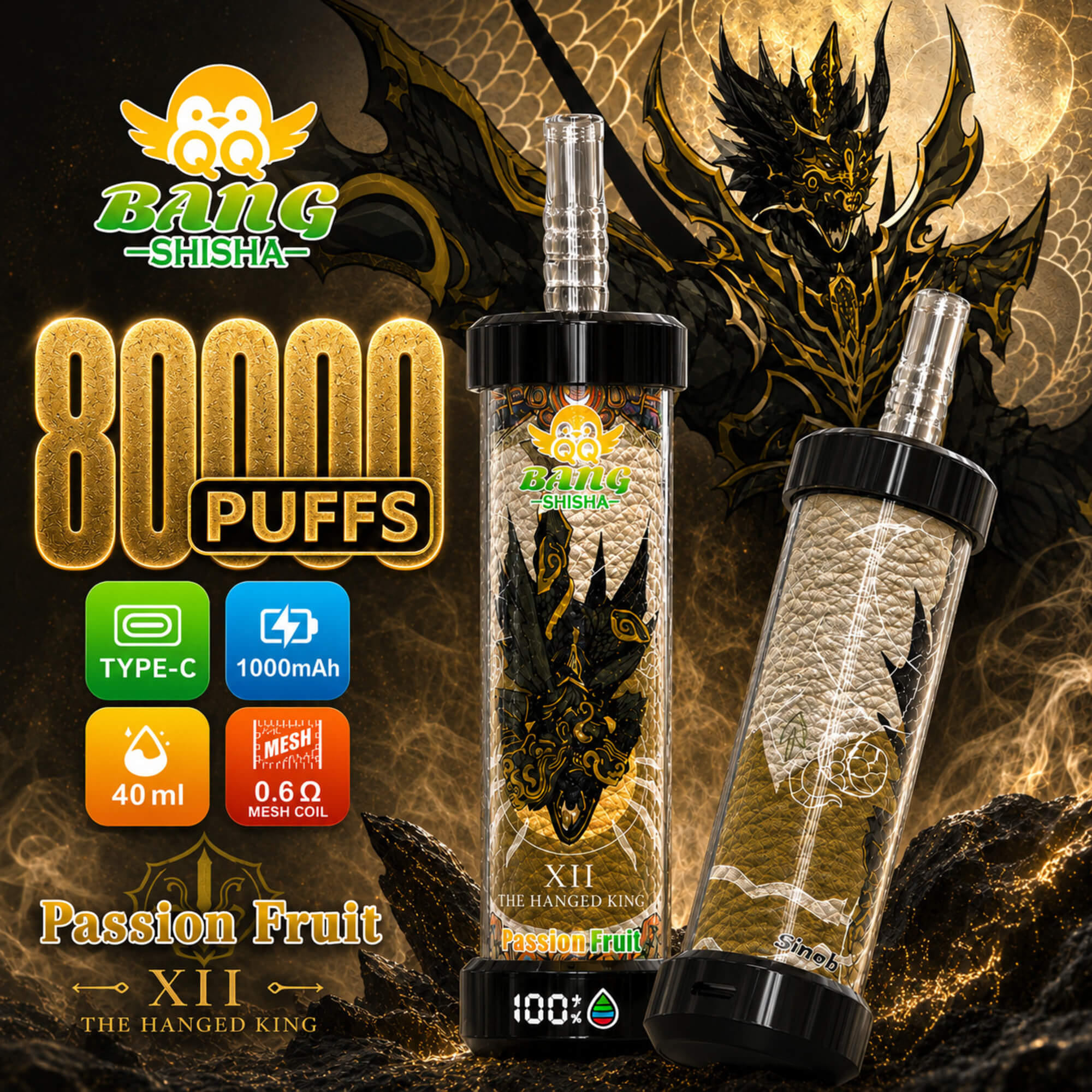 Bang Shisha Passionsfrukt vape-annons med 80 000 bloss, Type-C, 1000mAh, 40 ml och 0.6Ω mesh-spole