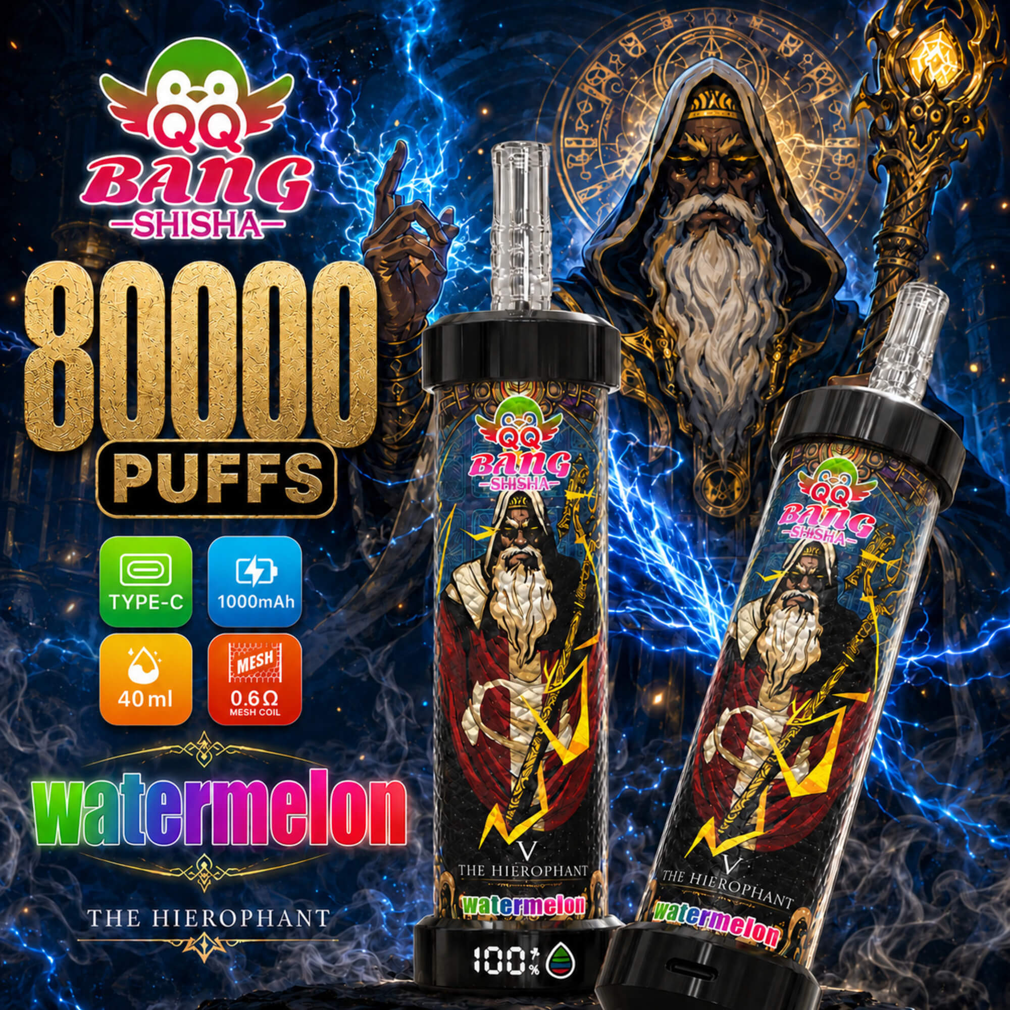 Reklambild för QQ Bang Shisha 80 000 bloss Vattenmelon vape med två enhetsbilder och funktionsikoner
