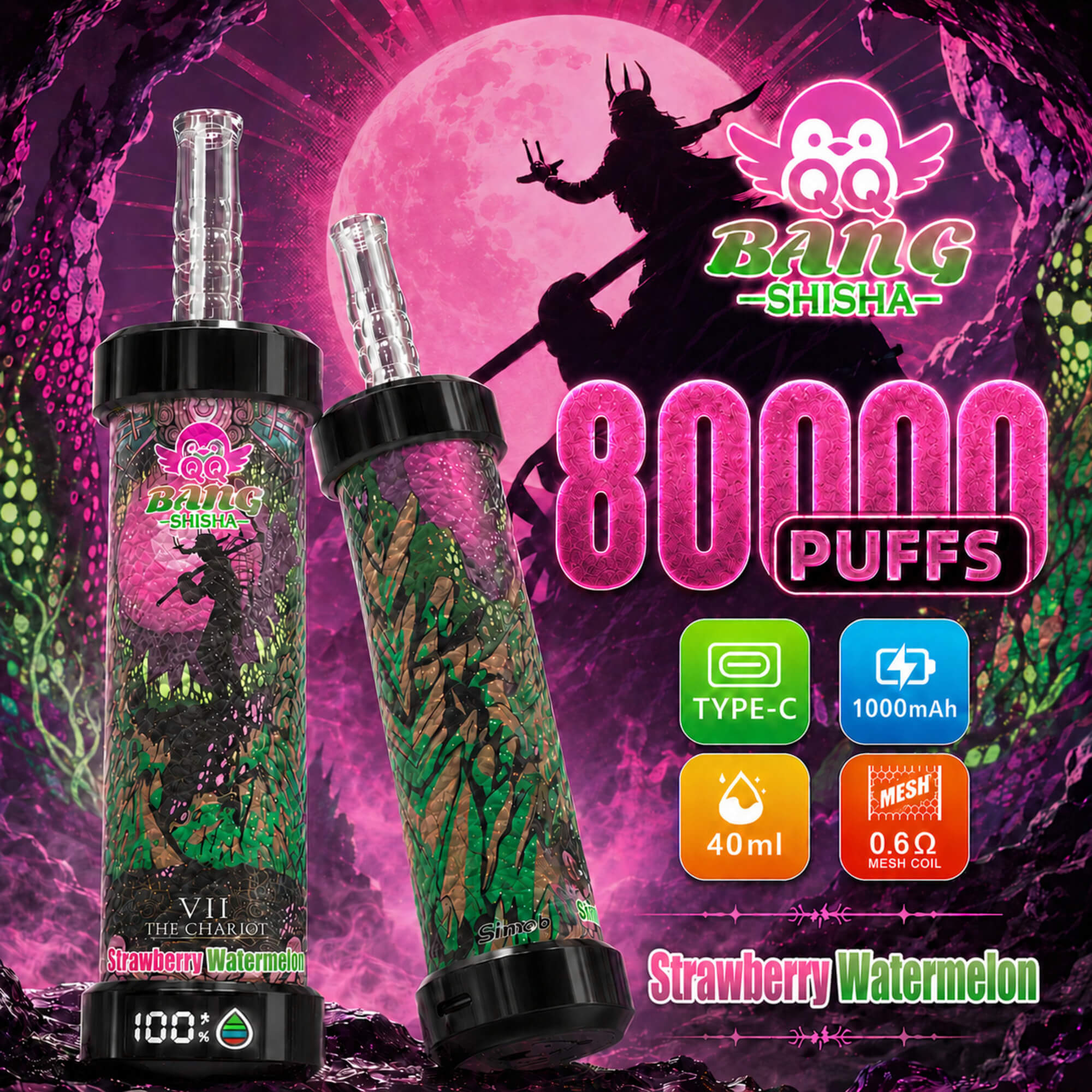Reklambild för Bang Shisha vape-enheter i Jordgubb Vattenmelon, visar 8000 bloss, Type-C, 1000mAh, 40 ml och 0.6Ω mesh-spole