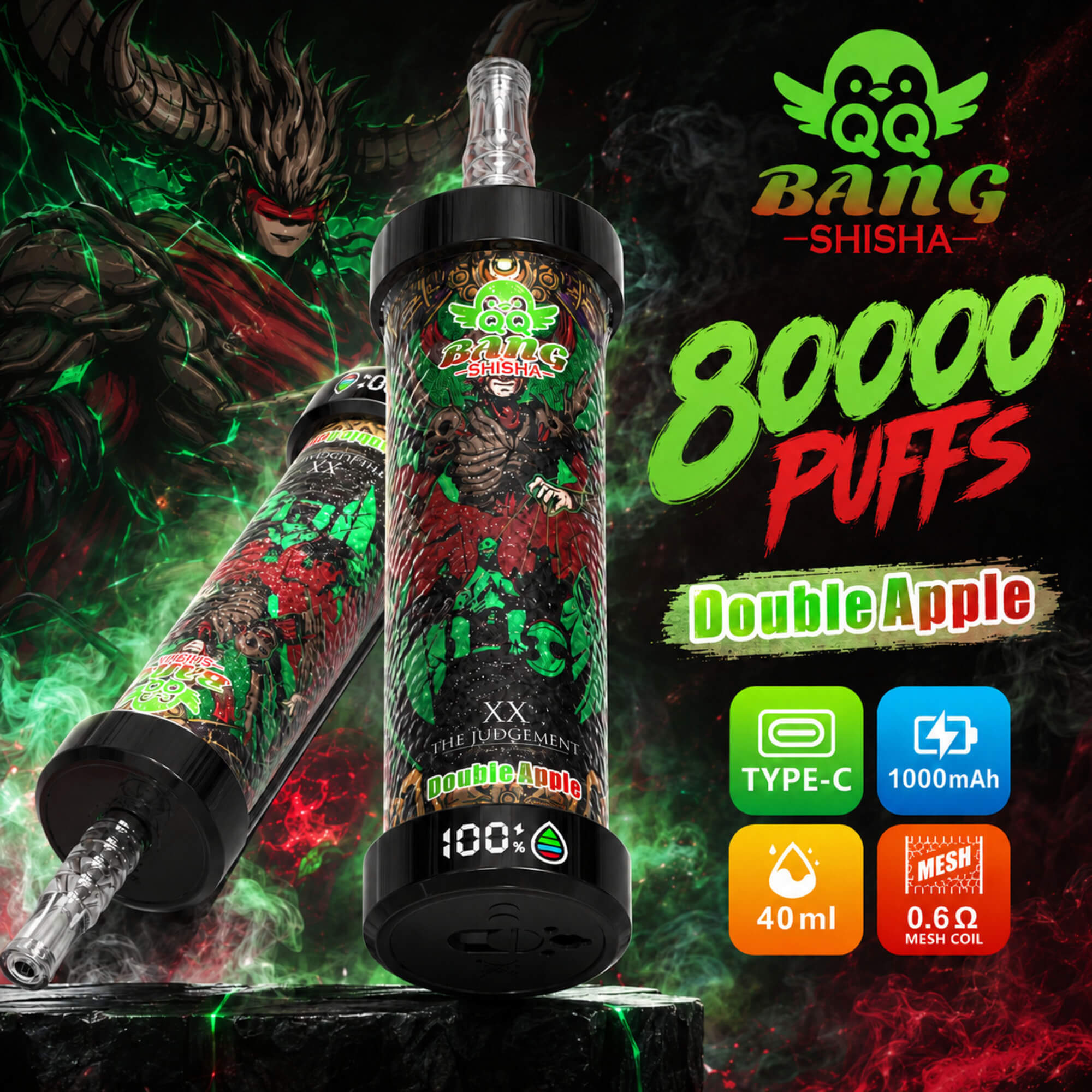 Bang Shisha 8000 bloss Dubbel Äpple vape-annons med två färgstarka enheter och funktionsikoner på svart rökig bakgrund