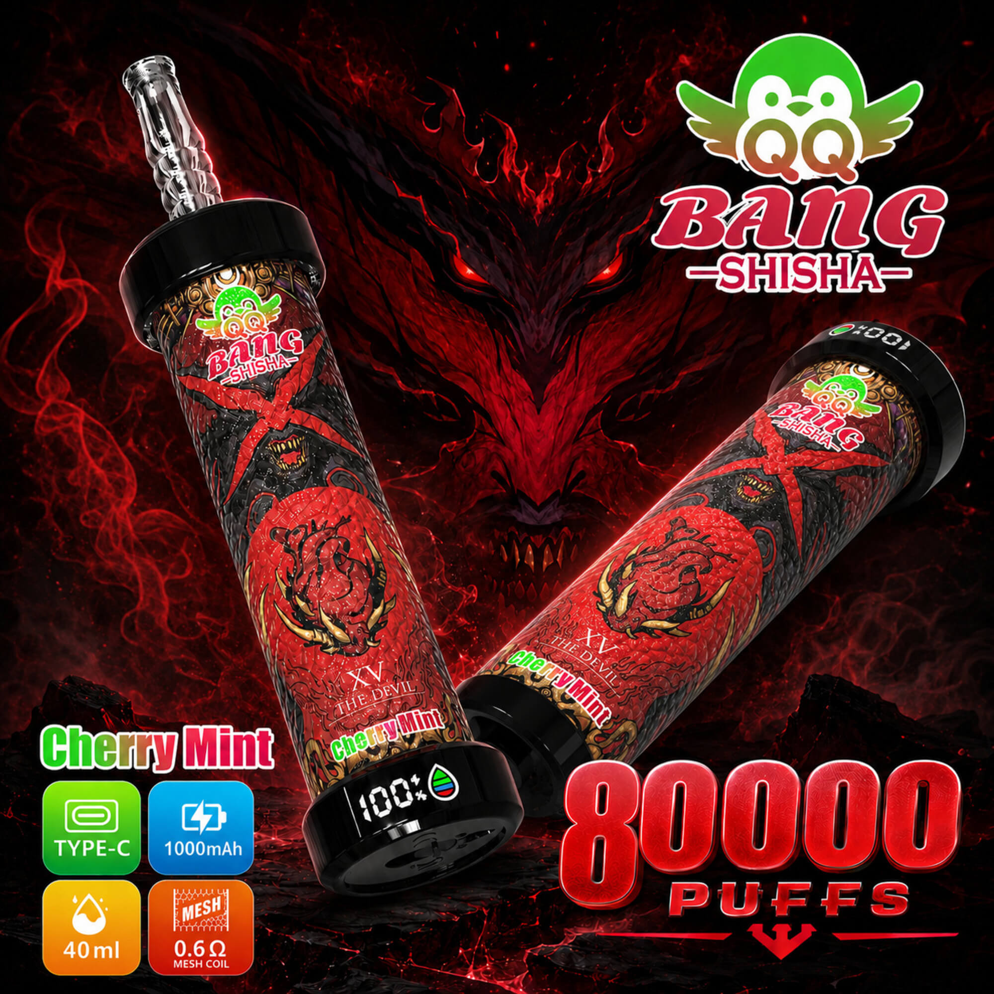 Bang Shisha Körsbär Mint vape-annons med två enheter, demoninspirerad röd grafik och texten 80 000 bloss
