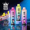 Three colorful Bang Blaze 60K 4 in 1 electronic vape devices are displayed with cartoon monkey graphics and specifications including 650mAh battery, Type-C charging, and digital display, set against a sleek blue background.