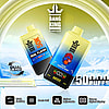 Promotional banner for Bang King 50000 dual flavor vaping device featuring Red Bull Strawberry Banana flavor, showcasing its 50,000 puff capacity, adjustable airflow, mesh coil technology, and screen display against a stylized icy mountain background.
