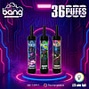 Three Bang 36000 Disposable Vape Devices Featuring Mixed Fruits, Mint Ice, And Mango Peach Flavors Displayed Against A Neon Futuristic Background, Labeled With Features Including 36,000 Puffs, Type-C Charging, Led Color Light, And Rechargeable Capability.