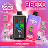 Advertisement showcasing a disposable vape device by Bang 36000 Ice Level puffs capacity, a colorful design labeled 'Triple Berry', and technical details including dual oil tanks, fingerprint pressure regulation, and USB Type-C charging.