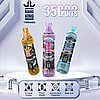 Bang King 35000 Tornado disposable vape models in different colors and flavors—Peach Ice, Love 66, and Blueberry Ice—on a futuristic display platform, with accompanying features such as E-Liquid Display, Power Display, Anti-Dry-Burn Protection, and Mesh Coil indicated below.