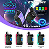 Promotional image for the 'Bang Starry 25000 Disposable Vape' showcasing the device with 25,000 puffs, available in 16 flavors including Strawberry Watermelon, Cherry Soda, Peach Ice, and Kiwi Passion Fruit, with features like a 28ml e-liquid capacity and 800mAh battery.