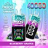 Promotional image for the Bang Tornado 40000 disposable vape device showcasing its blueberry grape flavor, 40,000-puff capacity, 850mAh battery, adjustable power, and Type-C charging, with a colorful design and vaping accessories displayed.