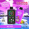 A promotional image for the 'Bang 36000 Power Puffs electronic vape featuring Mix Fruit flavor, showcasing a digital indicator screen and a colorful tropical-themed device design in a vibrant purple color scheme.