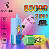 Promotional image for Bang De disposable vape device showcasing three colorful varieties, including features like 80,000 puffs, 3-in-1 flavor, and USB Type-C charging, with cartoon designs on the device casing.